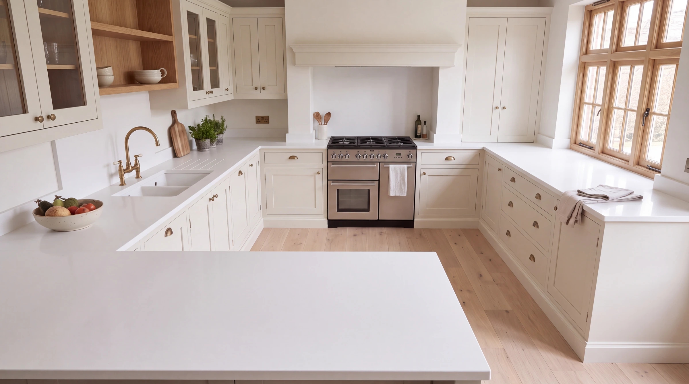 Snow White u-shaped kitchen, AI-generated design concept