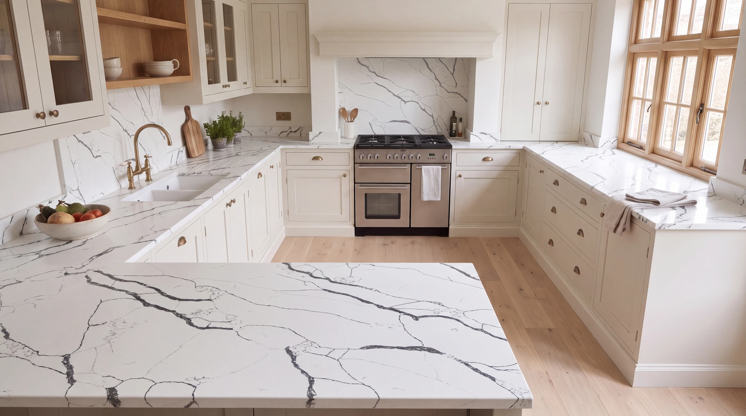 Statuario u-shaped kitchen, AI-generated design concept