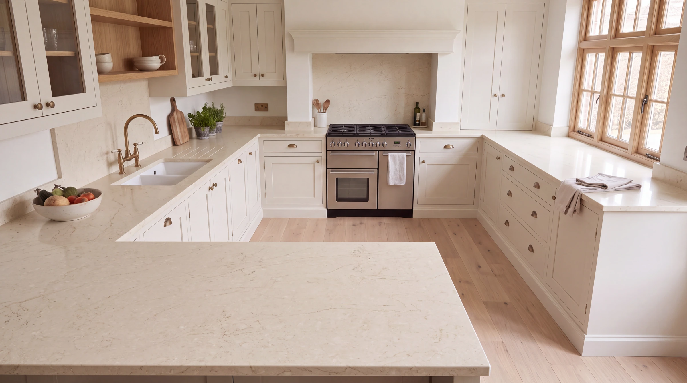 Taj Mahal Elegance u-shaped kitchen, AI-generated design concept