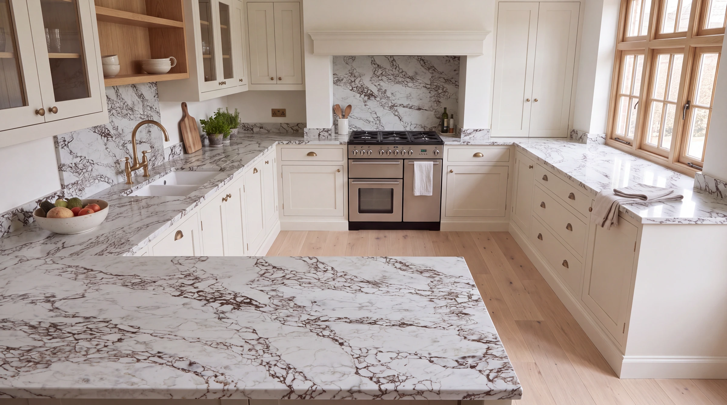 Arabescato Bronze u-shaped kitchen, AI-generated design concept