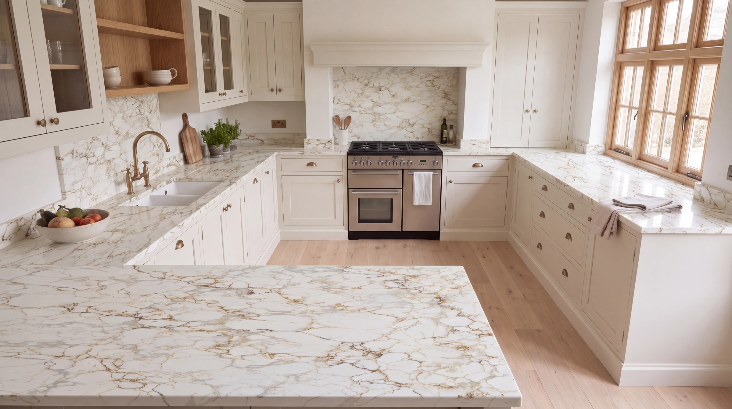 Arabescato Creama u-shaped kitchen, AI-generated design concept
