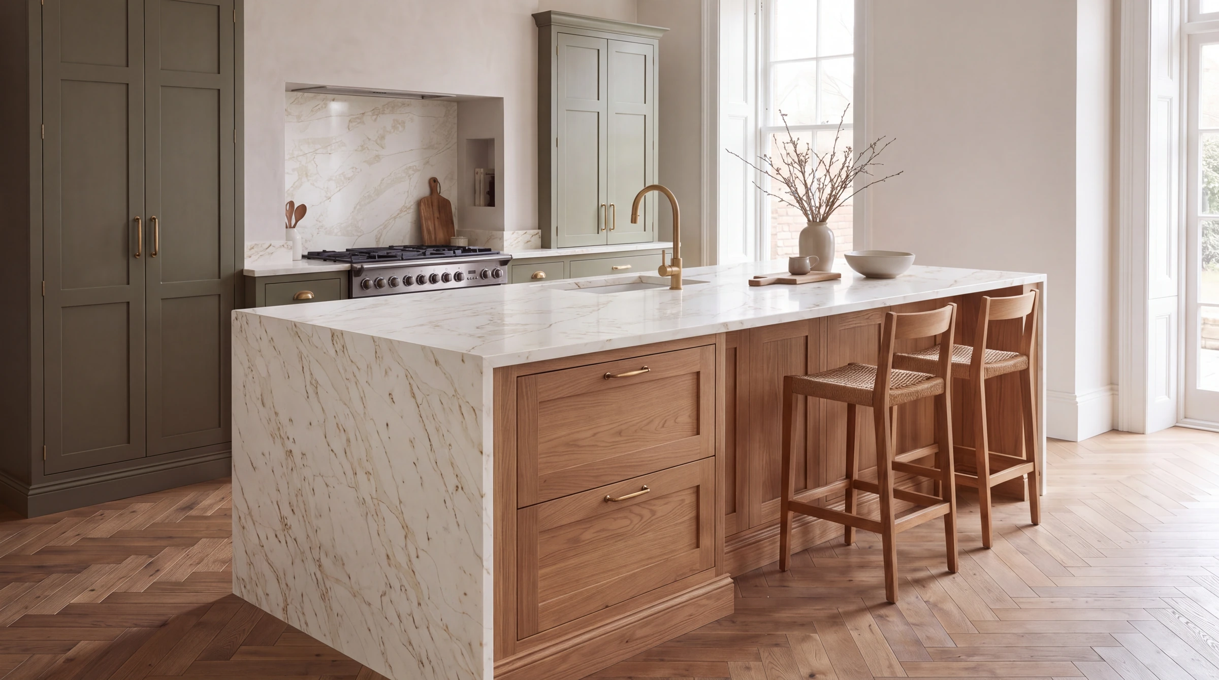 Arabescato Gold kitchen island, AI-generated design concept