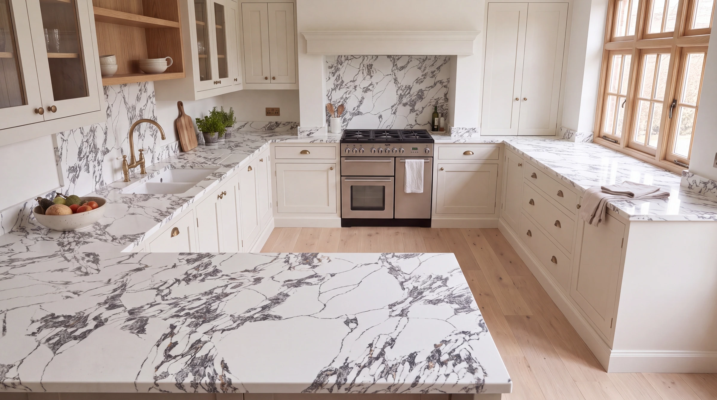 Arabescato Gold V2 u-shaped kitchen, AI-generated design concept