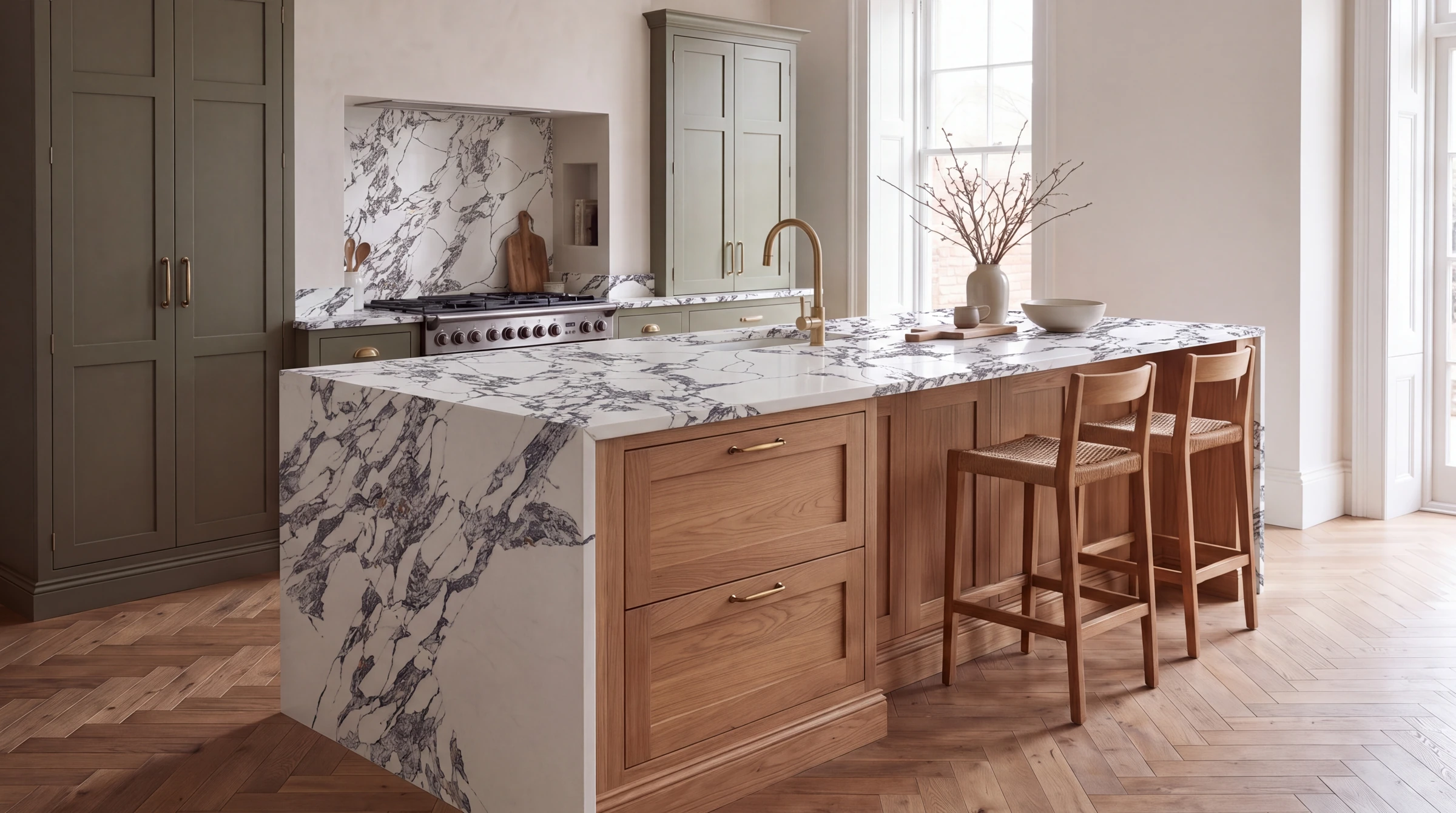 Arabescato Gold V2 kitchen island, AI-generated design concept