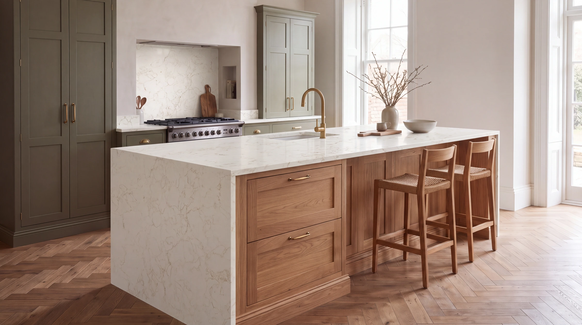 Arabescato Lite kitchen island, AI-generated design concept