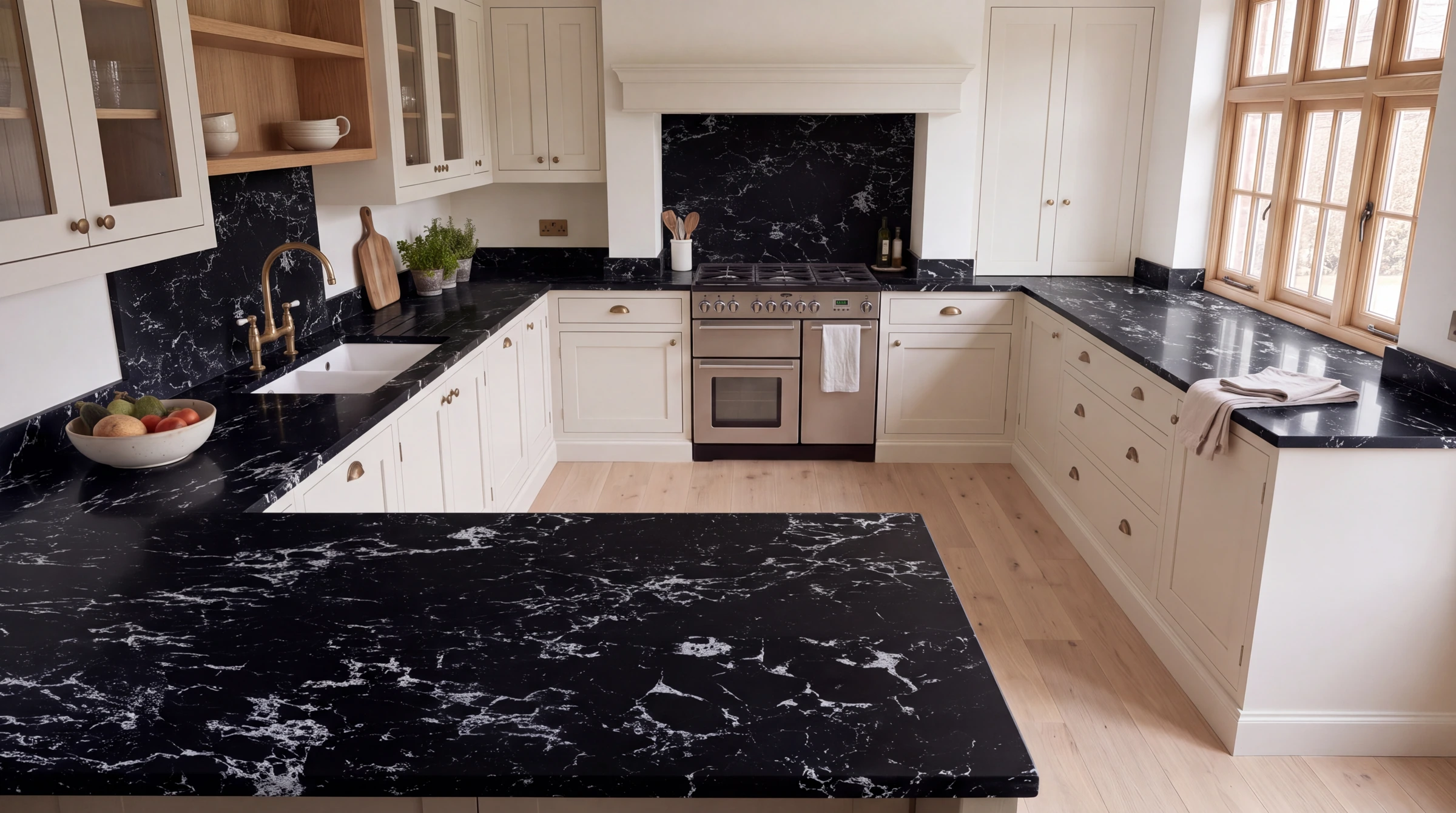 Arabescato Noiro u-shaped kitchen, AI-generated design concept