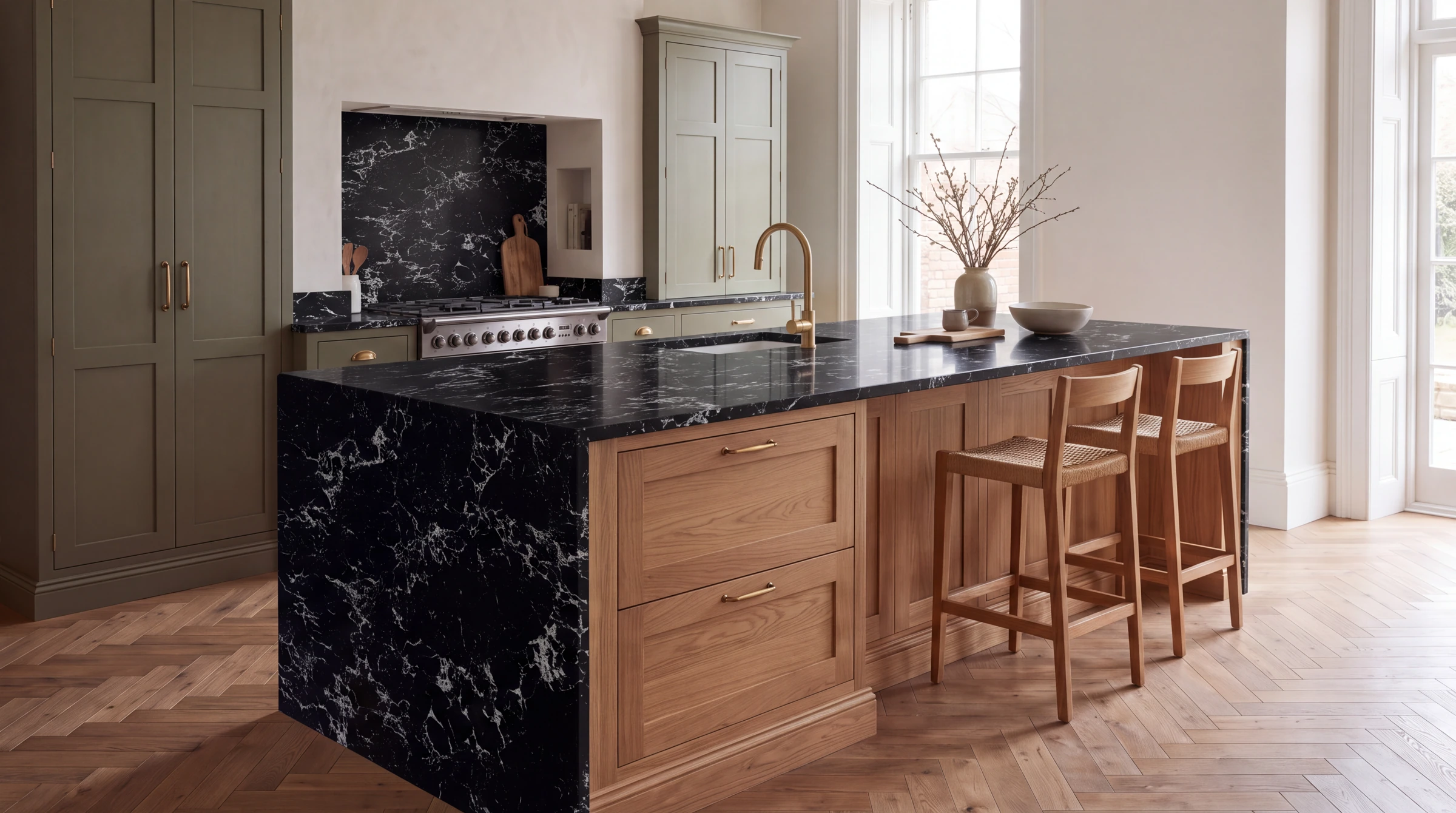 Arabescato Noiro kitchen island, AI-generated design concept