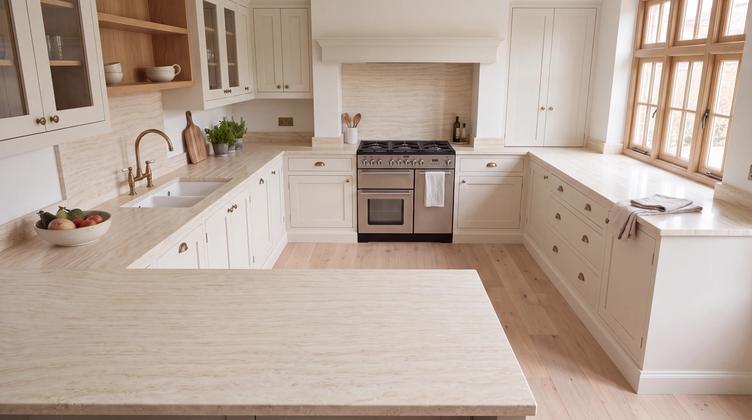Beige Travertine u-shaped kitchen, AI-generated design concept