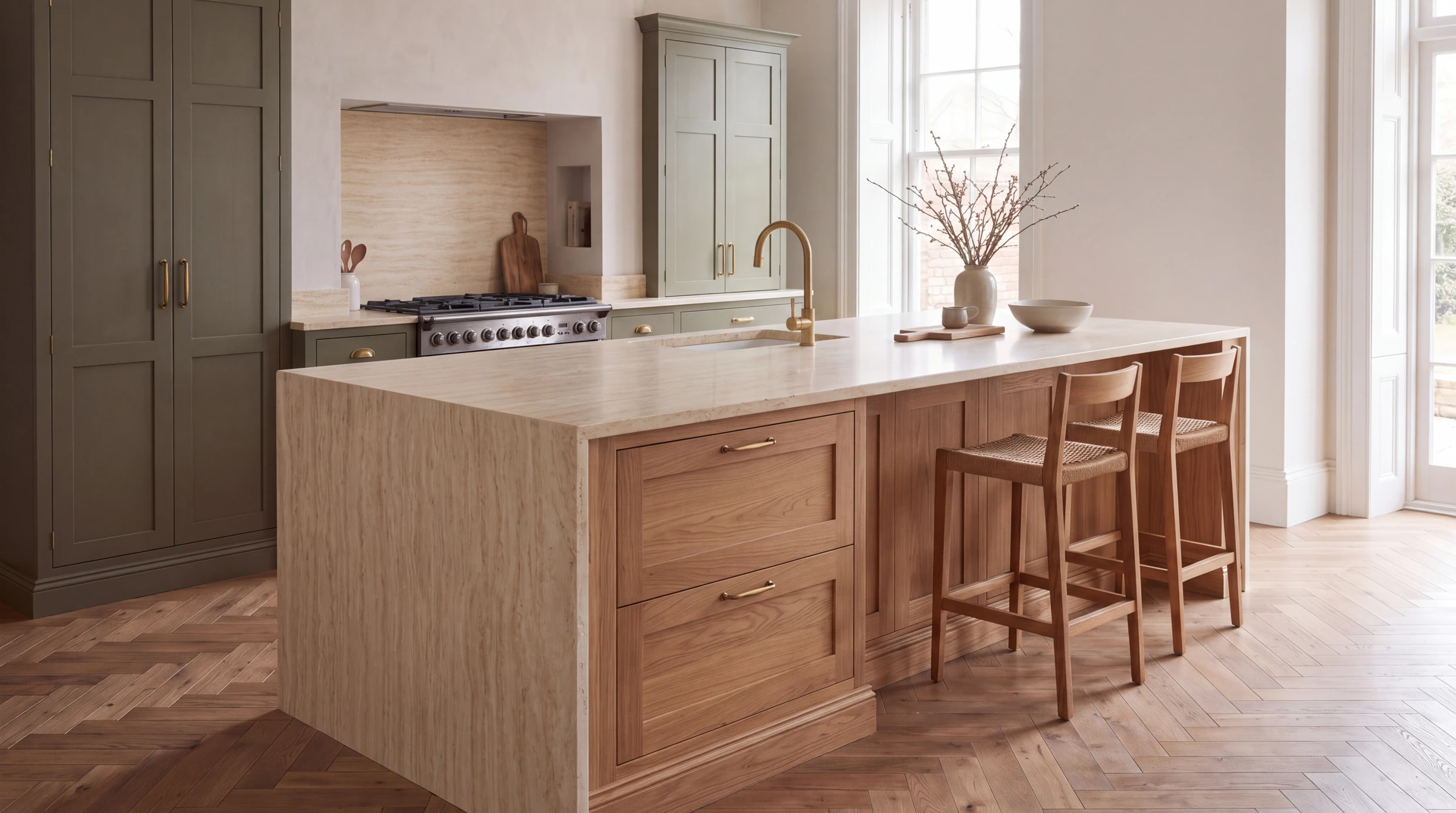 Beige Travertine kitchen island, AI-generated design concept