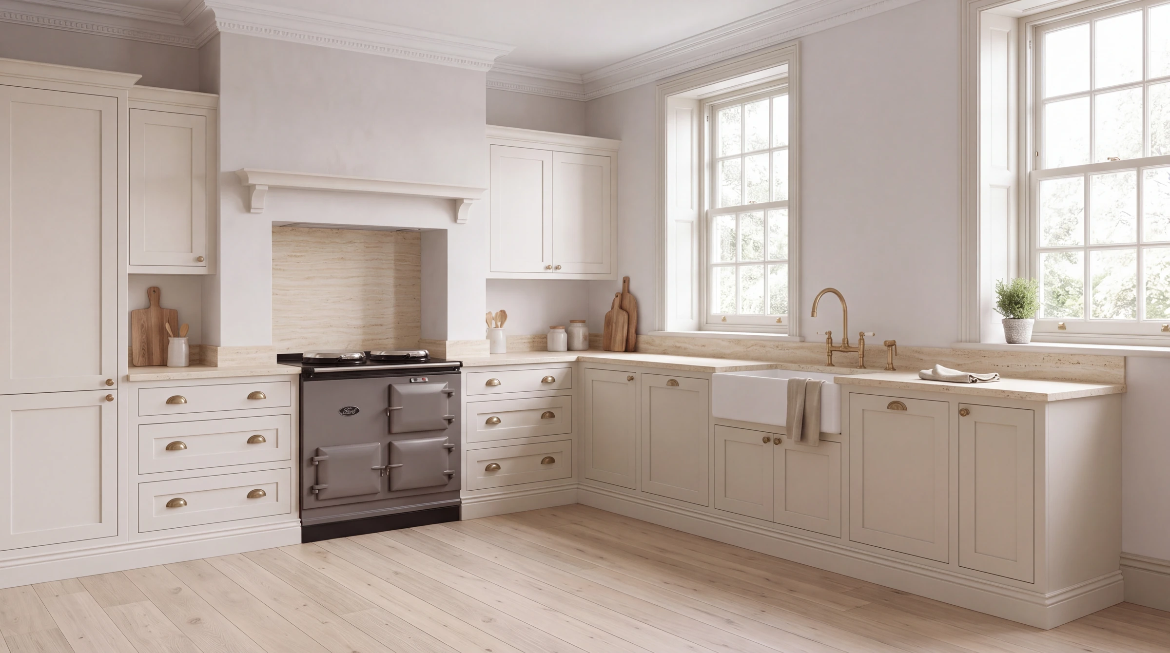 Beige Travertine l-shaped kitchen, AI-generated design concept