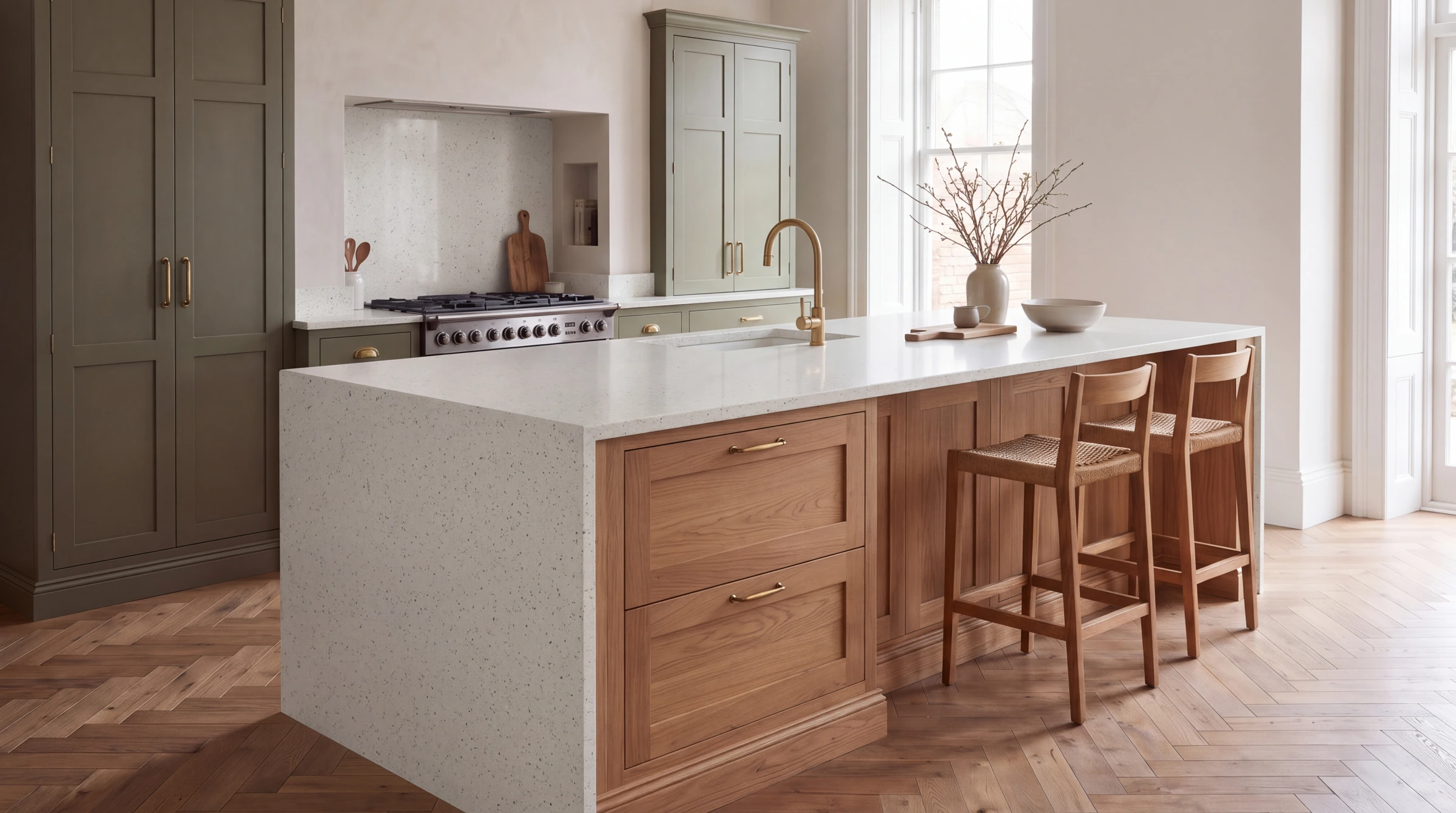 Bianco Shimmer kitchen island, AI-generated design concept