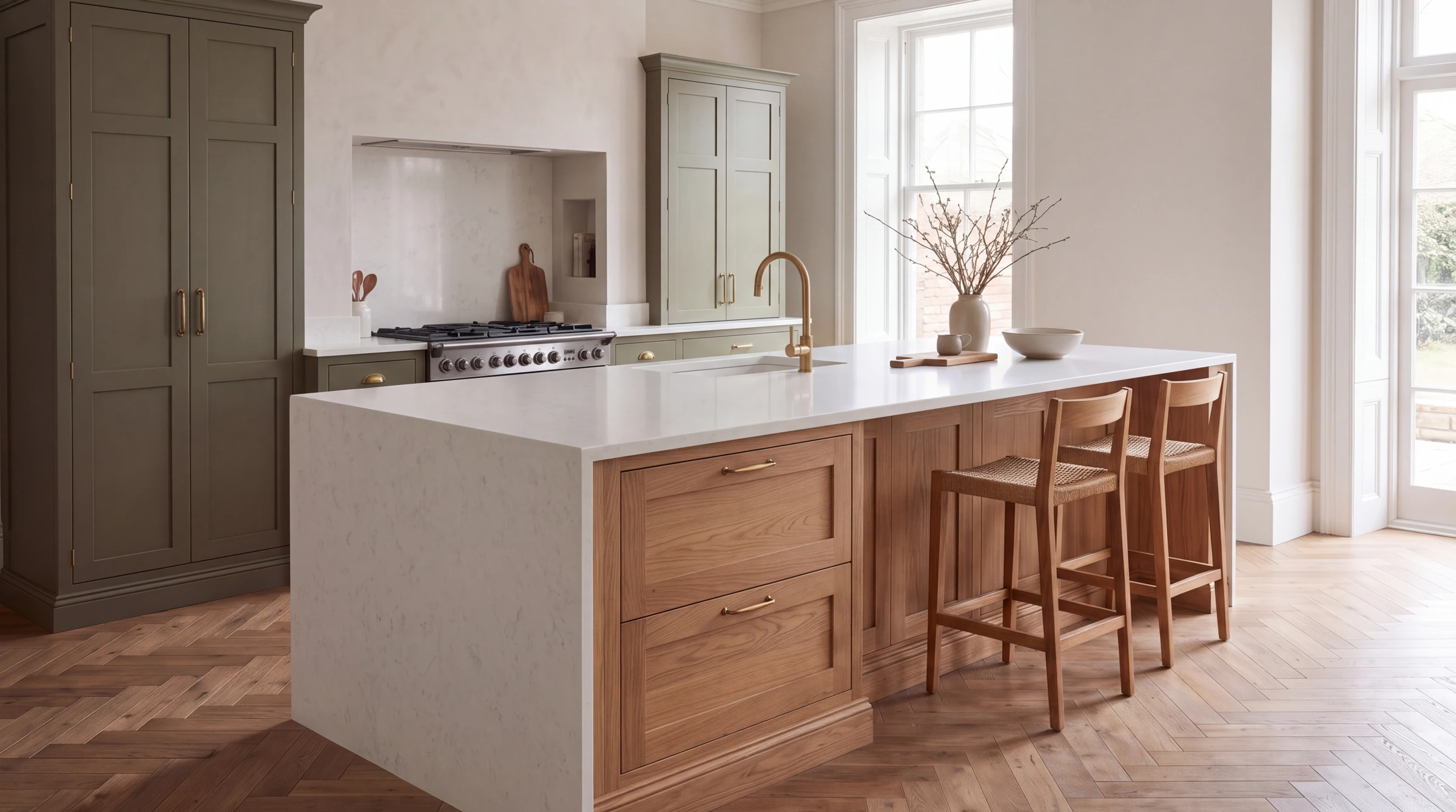 Carrara Cashmere kitchen island, AI-generated design concept