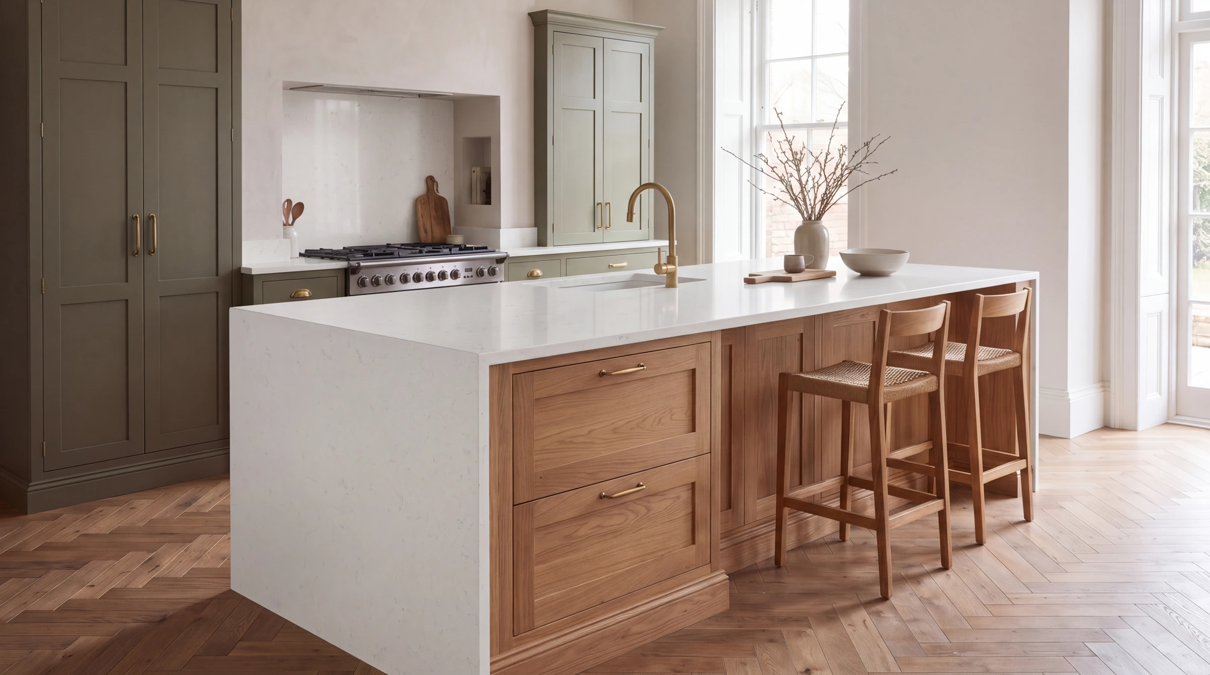 Carrara Sahara kitchen island, AI-generated design concept