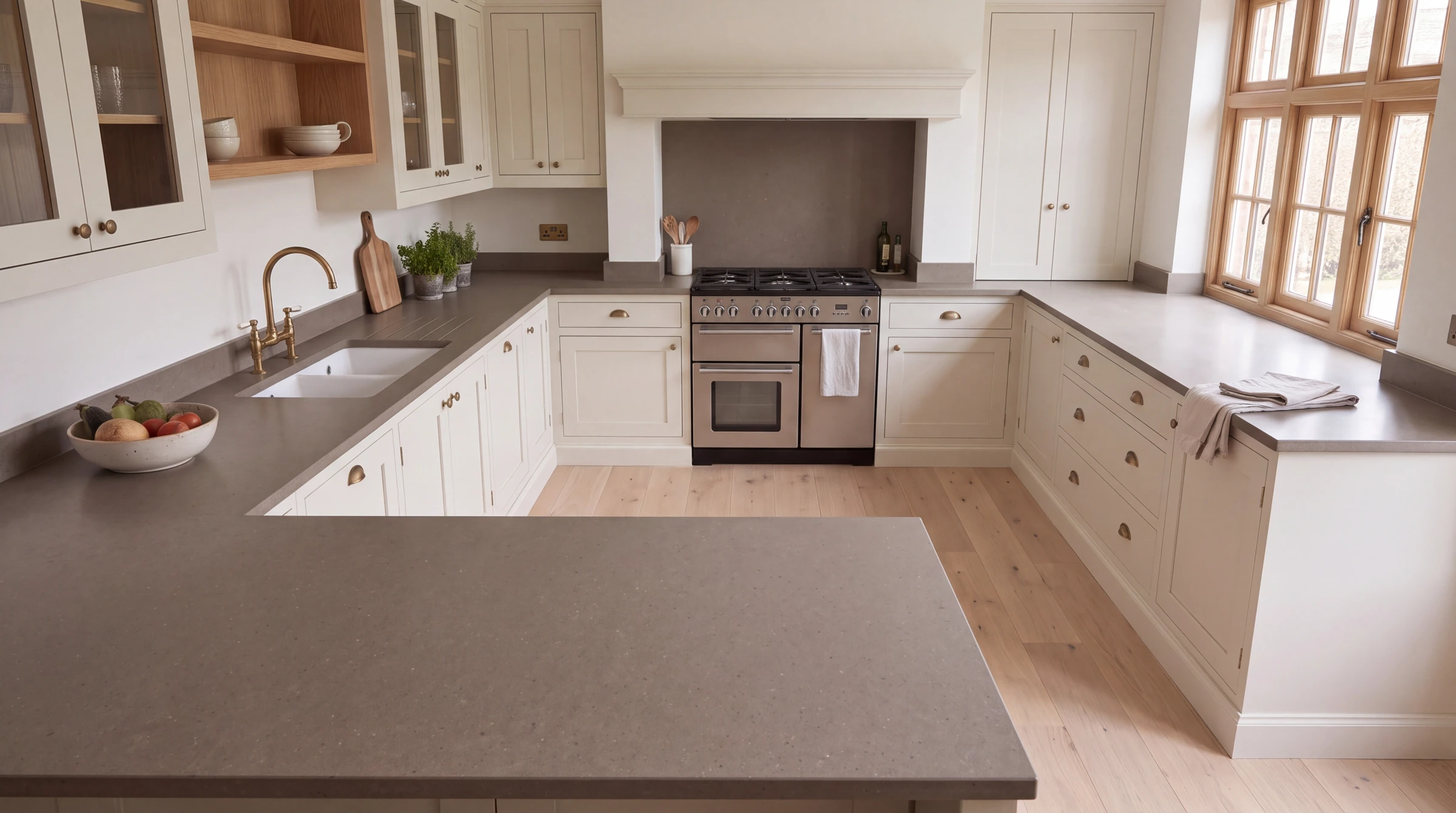 Cemento u-shaped kitchen, AI-generated design concept