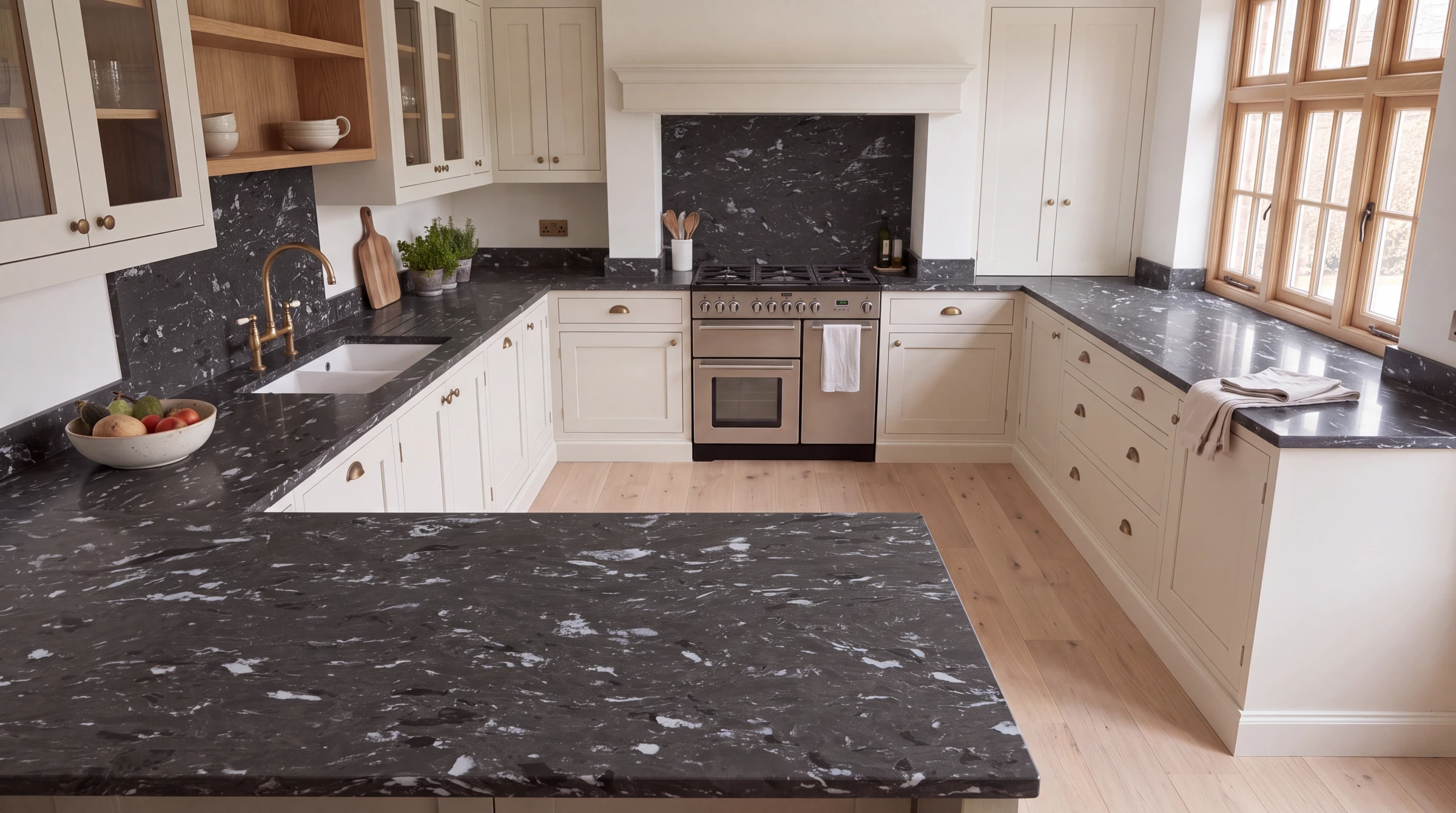 Cosmic Black u-shaped kitchen, AI-generated design concept
