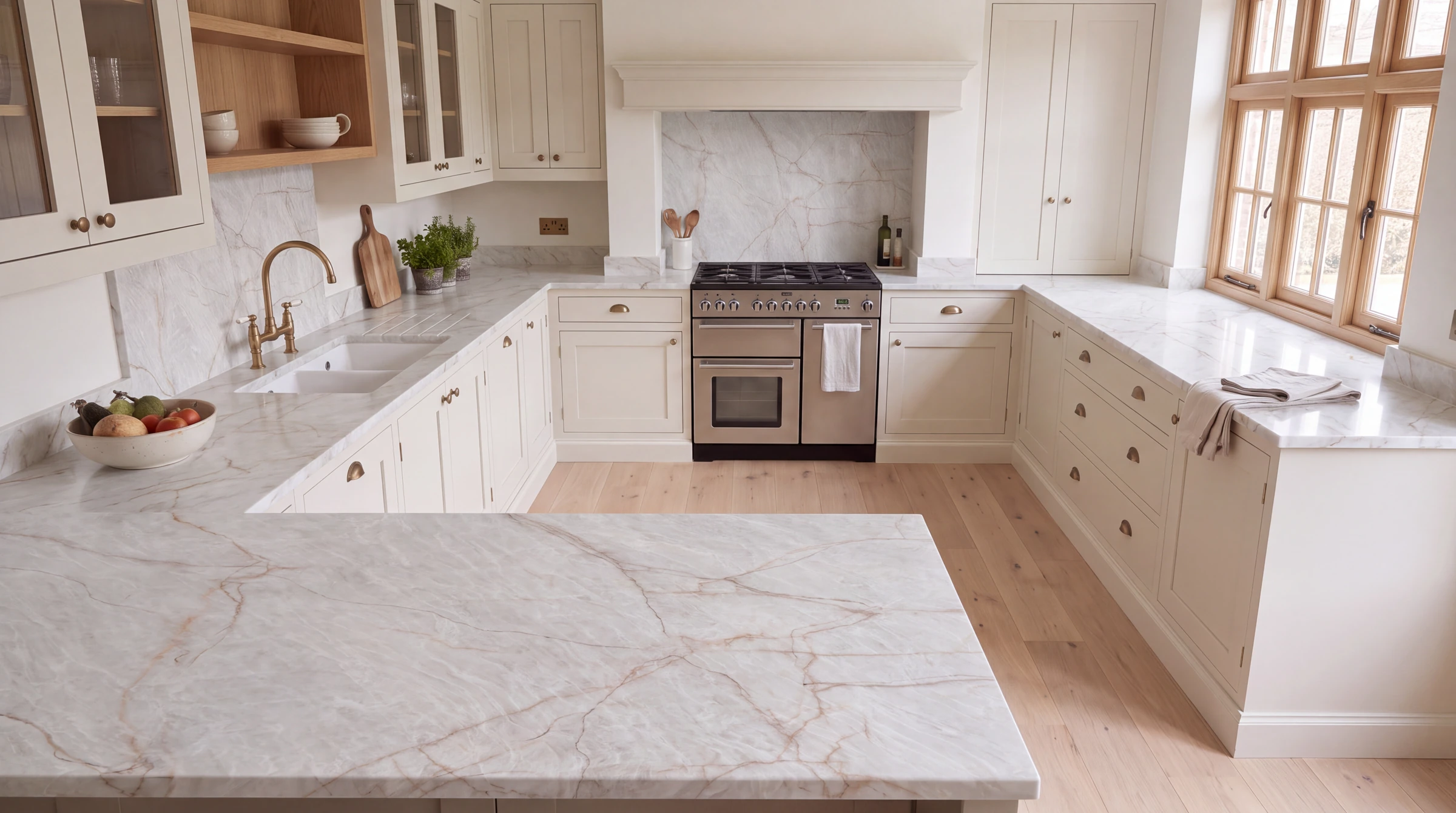 Cristallo Gold 3D u-shaped kitchen, AI-generated design concept