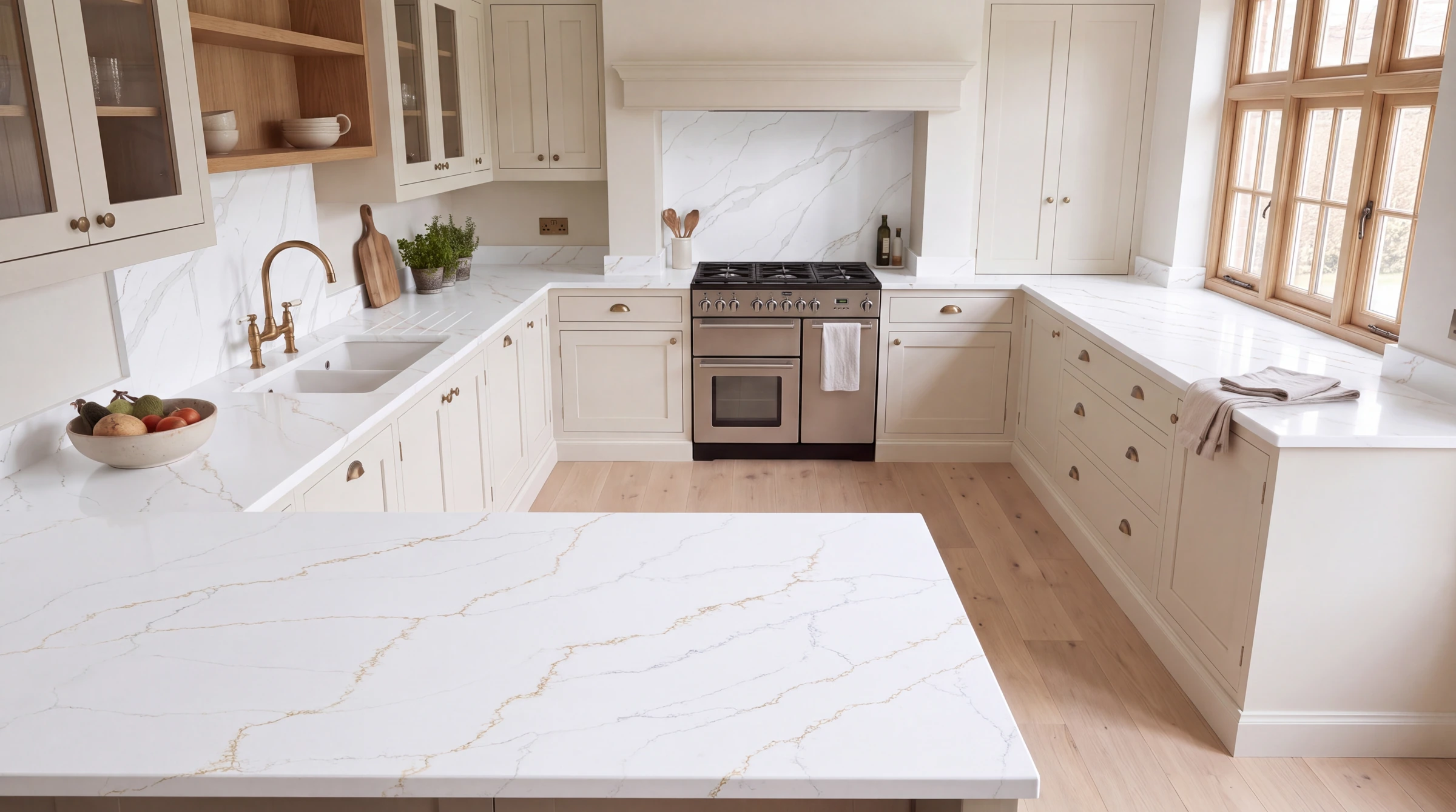 Gold Soft u-shaped kitchen, AI-generated design concept