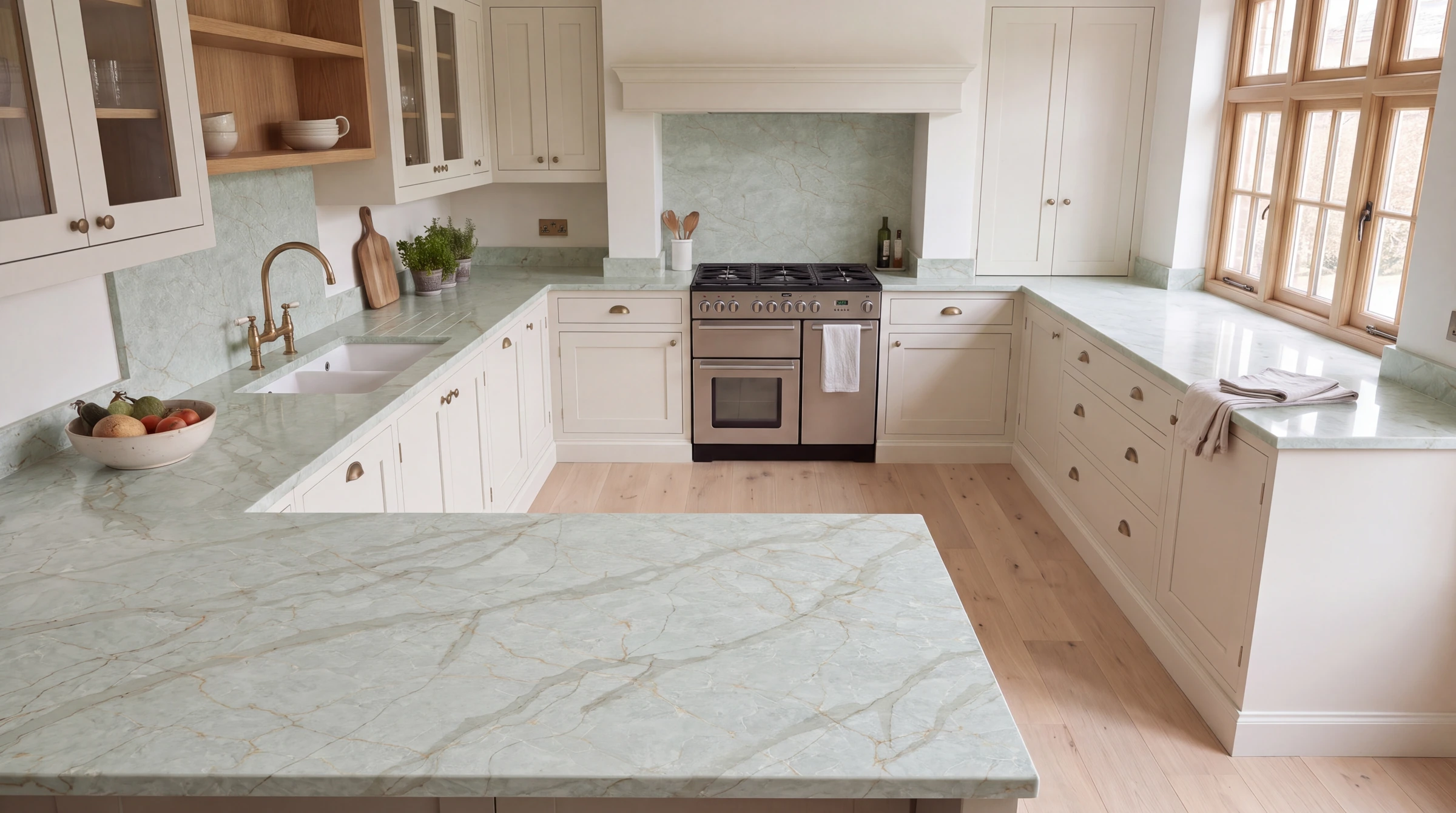 Green Jade u-shaped kitchen, AI-generated design concept