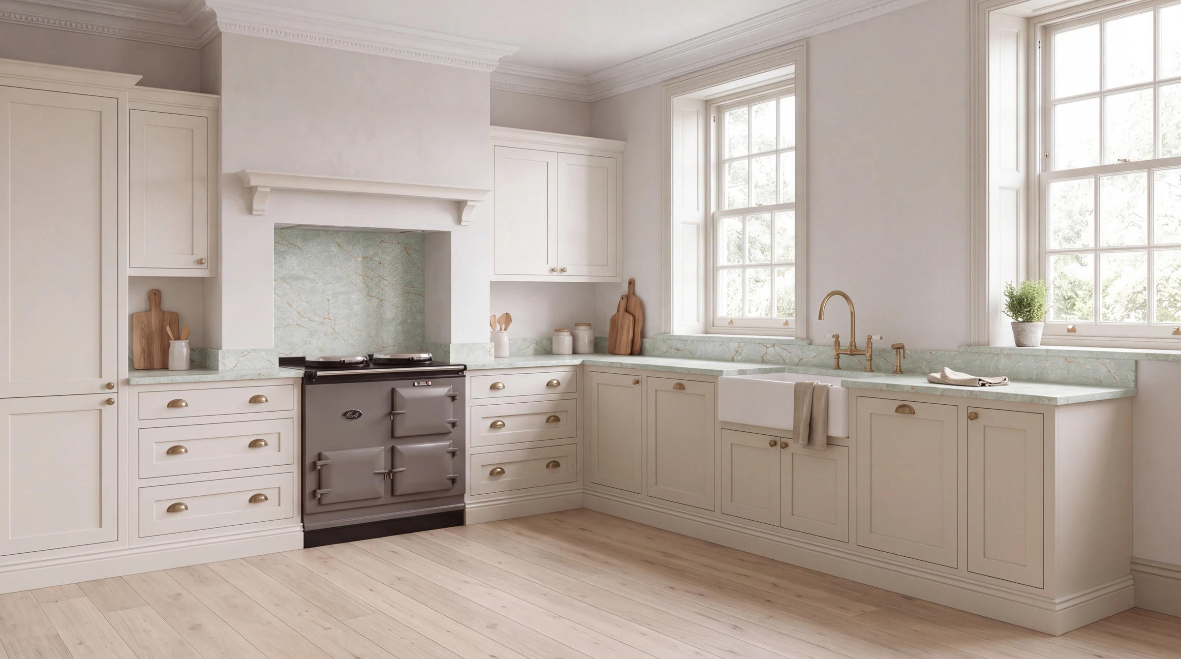Green Jade l-shaped kitchen, AI-generated design concept
