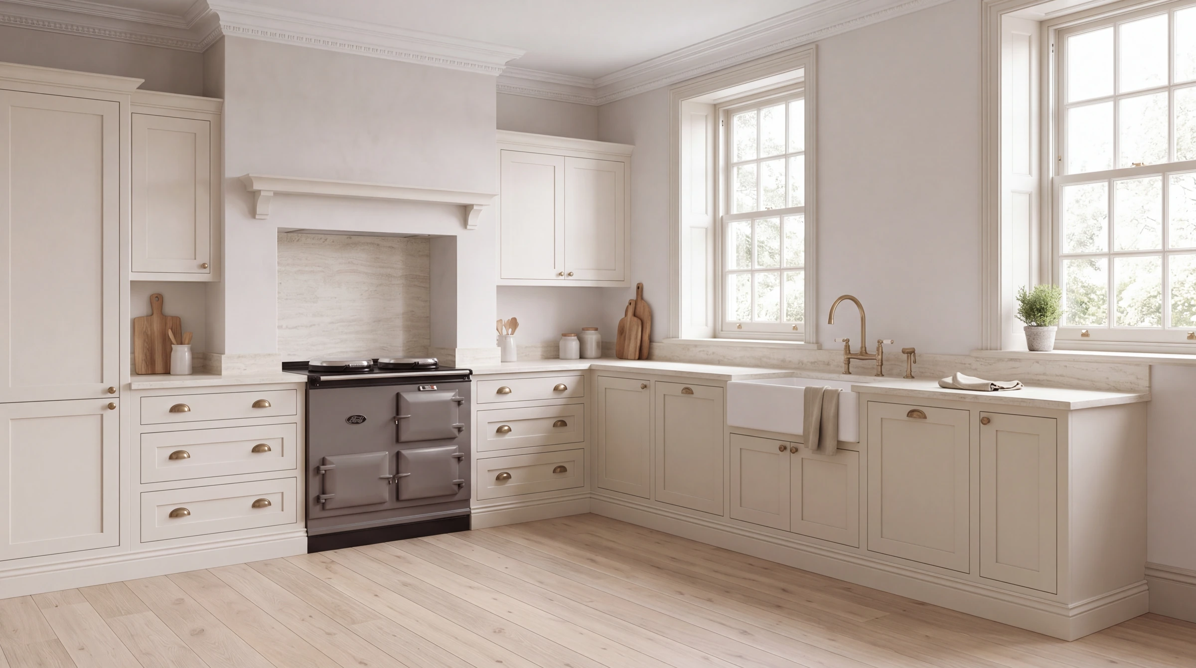 Ivory Travertine l-shaped kitchen, AI-generated design concept
