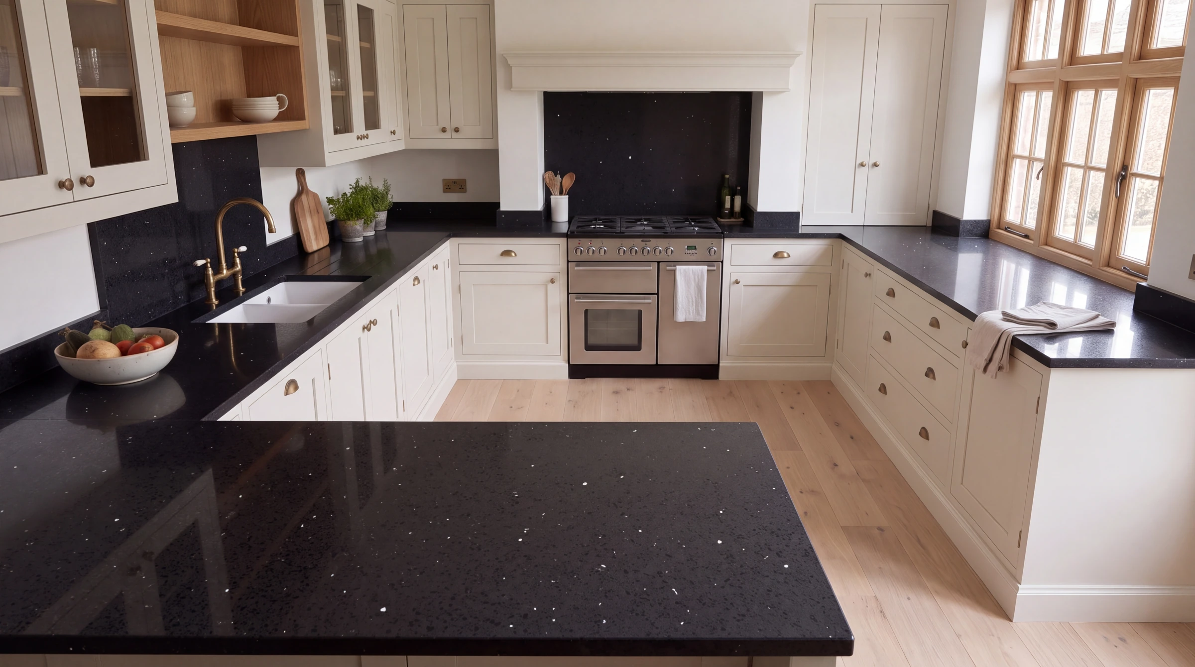 Lustre Black u-shaped kitchen, AI-generated design concept