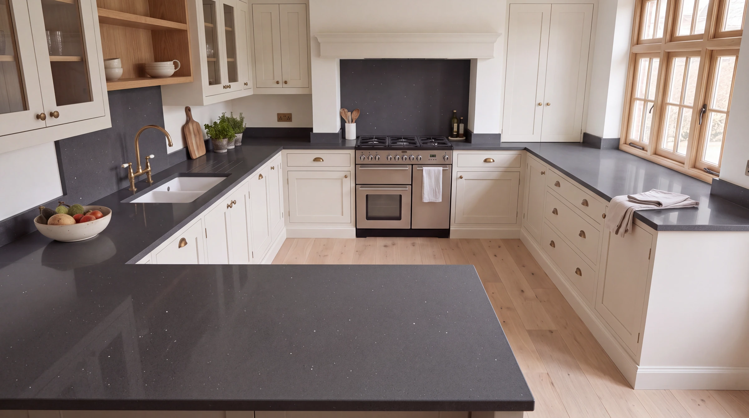 Lustre Grey u-shaped kitchen, AI-generated design concept