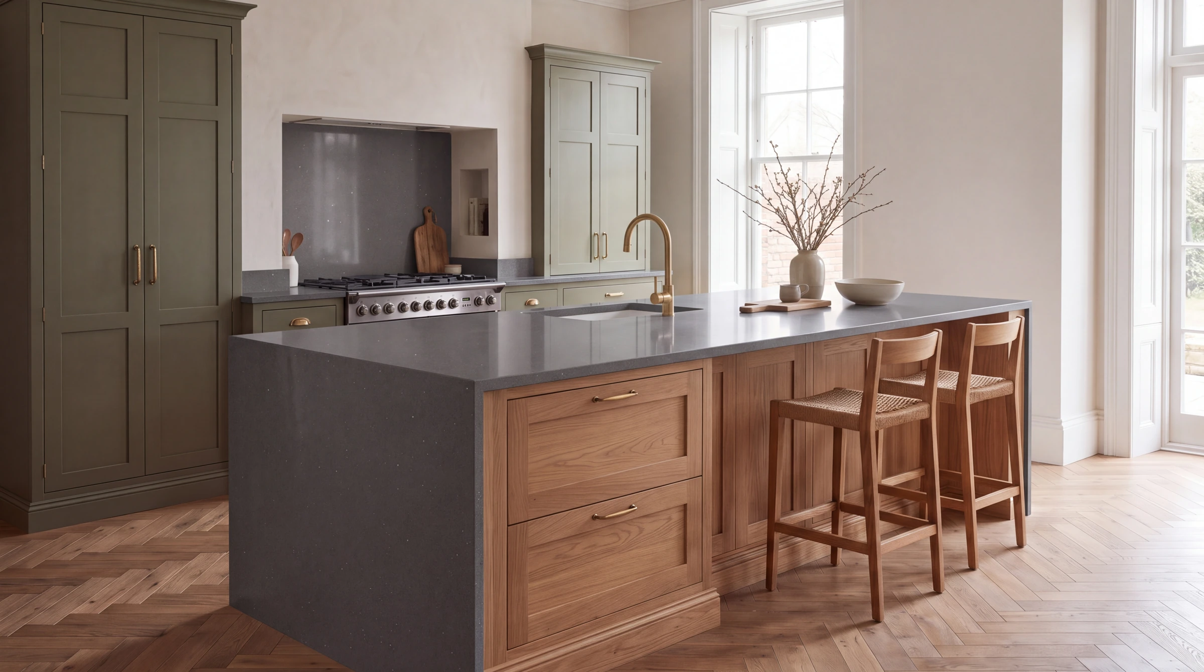 Lustre Grey kitchen island, AI-generated design concept