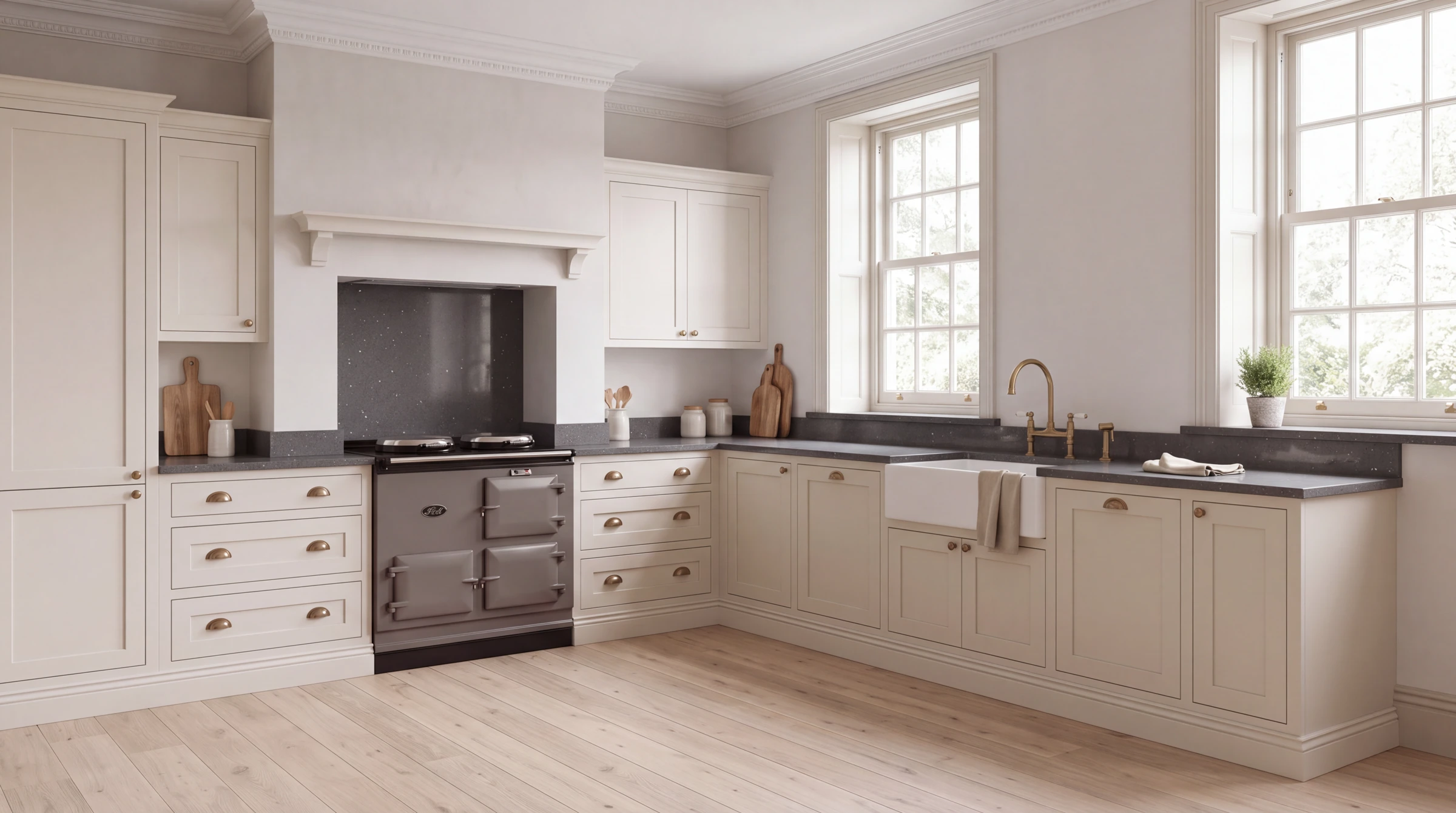 Lustre Grey l-shaped kitchen, AI-generated design concept
