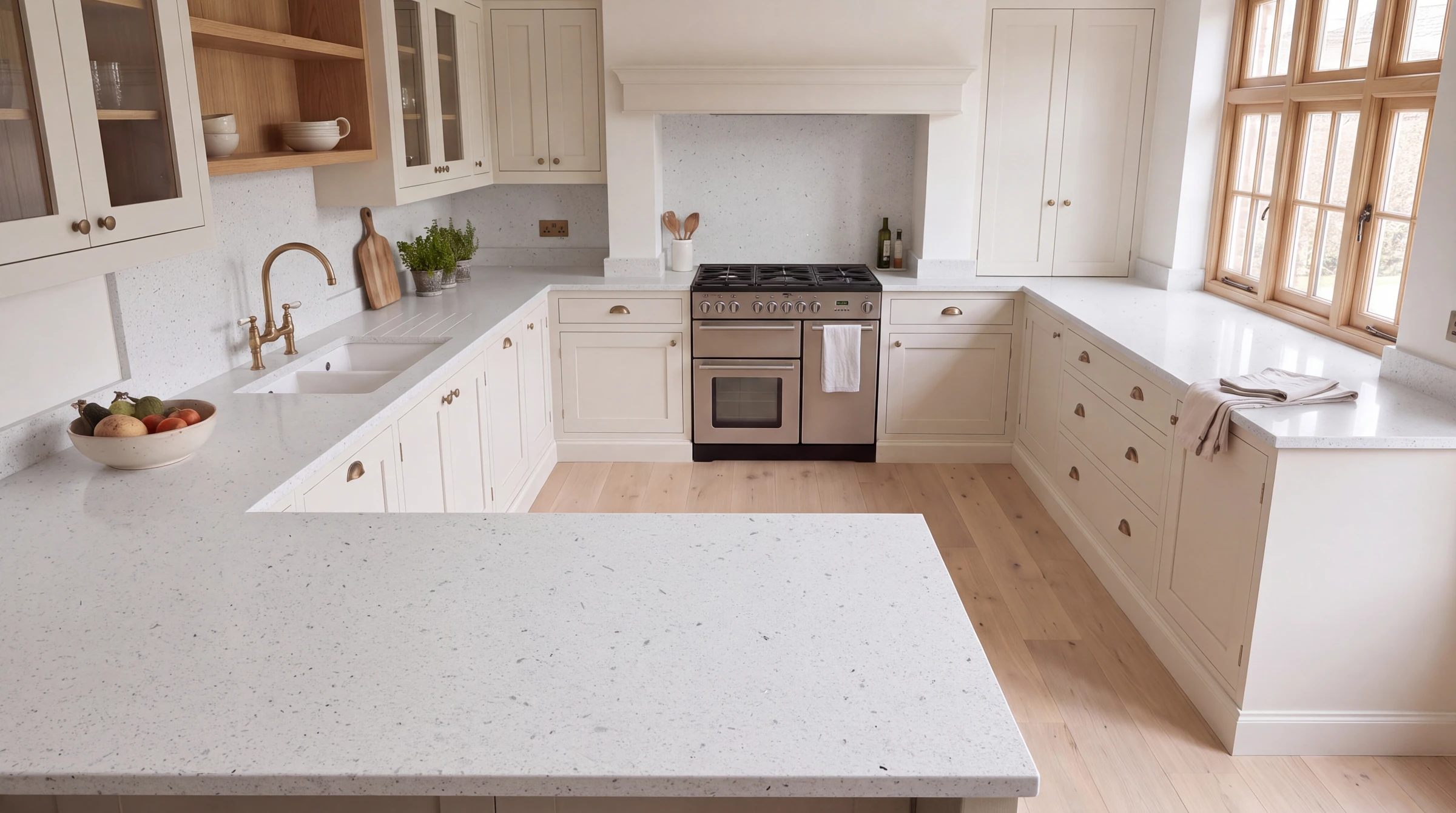 Lustre White u-shaped kitchen, AI-generated design concept