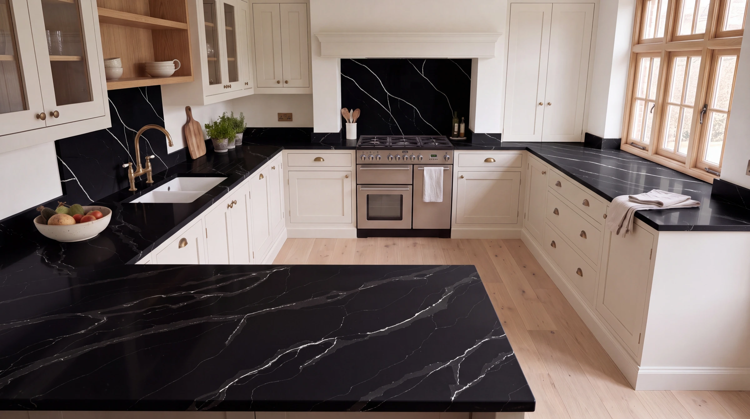 Marquina u-shaped kitchen, AI-generated design concept