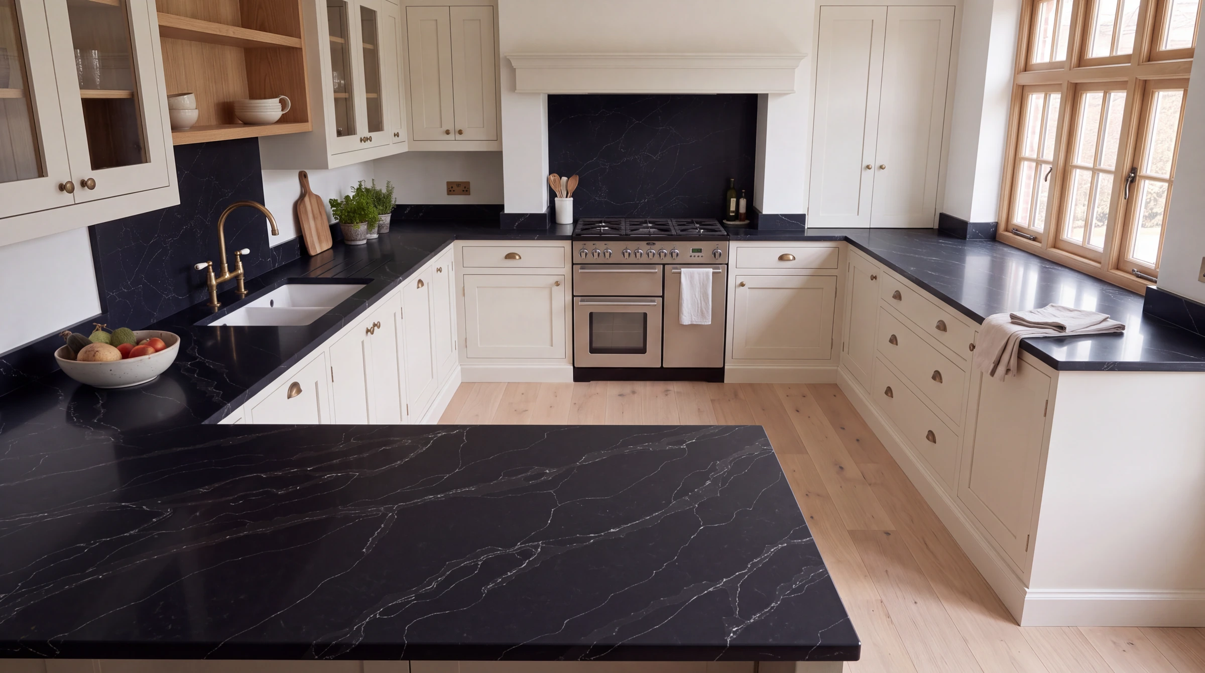 Midnight Vein u-shaped kitchen, AI-generated design concept