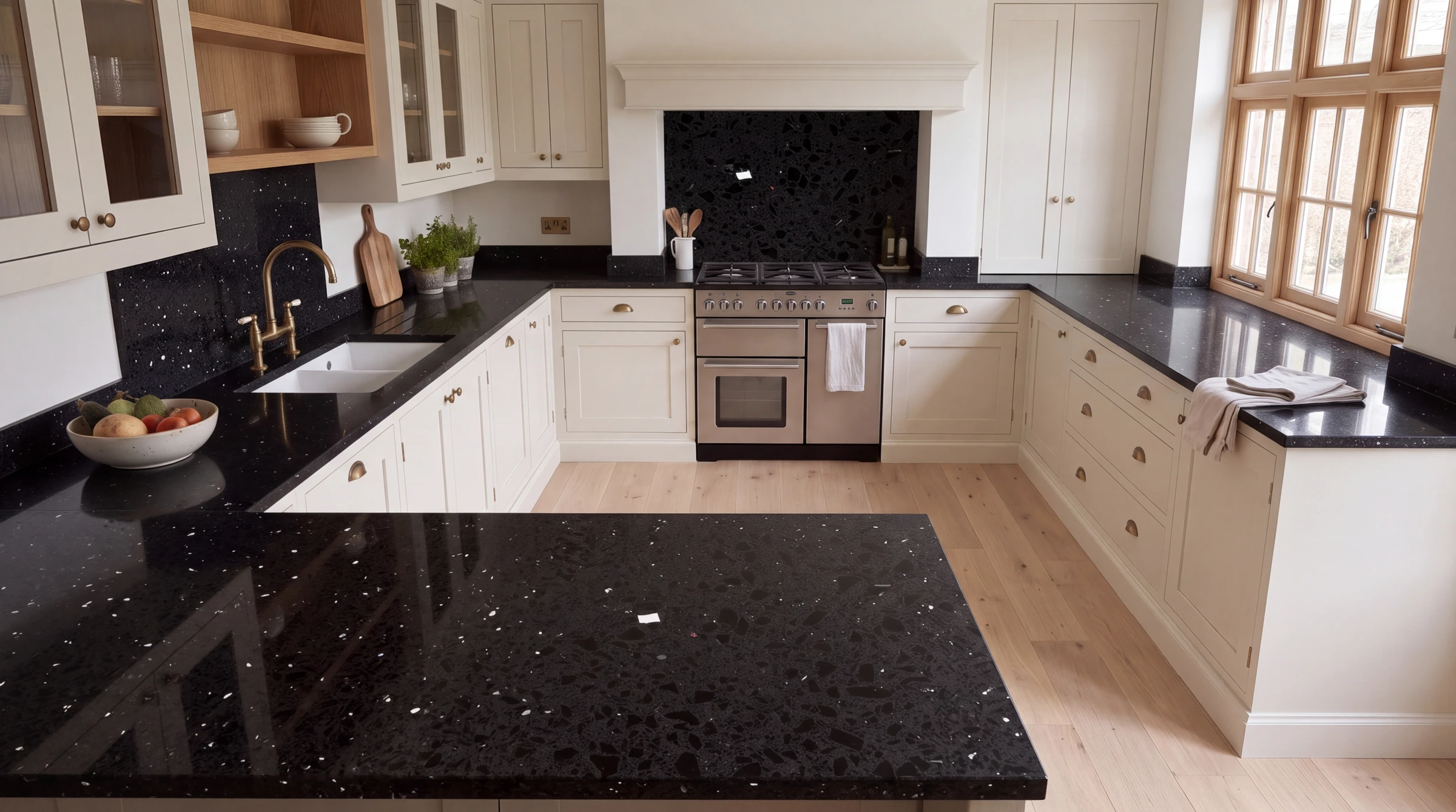 Mirror Black u-shaped kitchen, AI-generated design concept