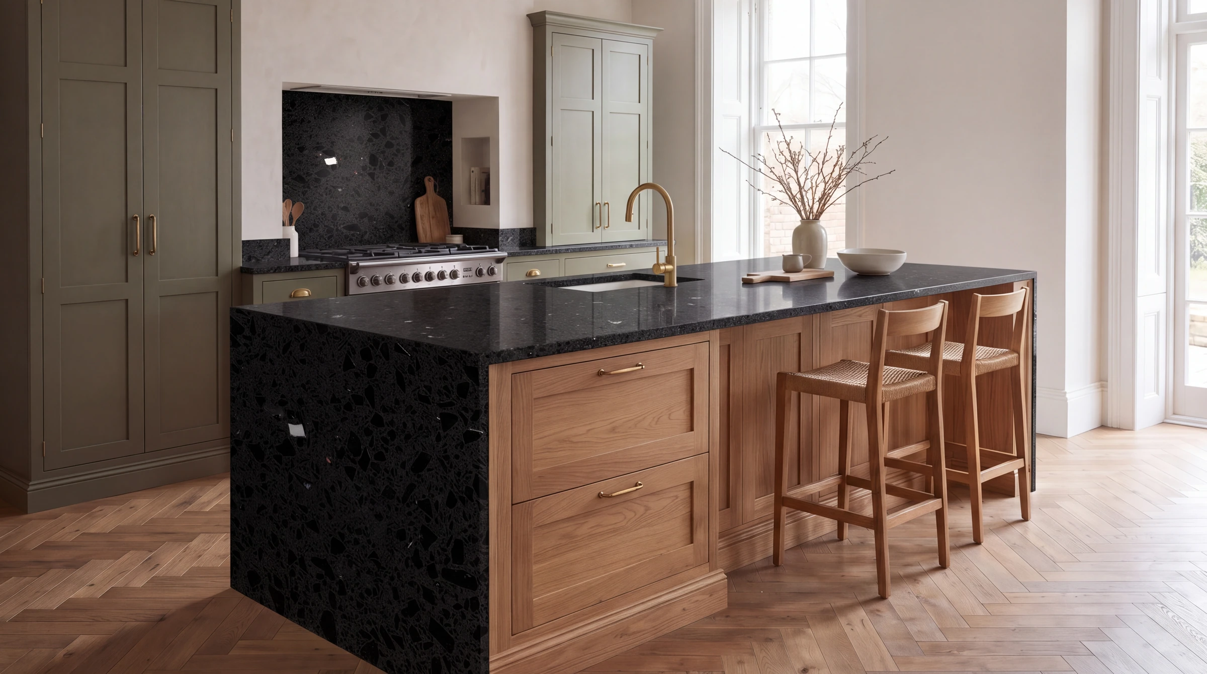 Mirror Black kitchen island, AI-generated design concept
