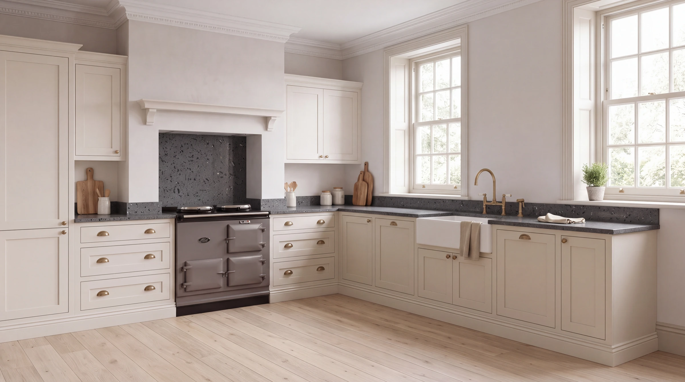 Mirror Grey l-shaped kitchen, AI-generated design concept