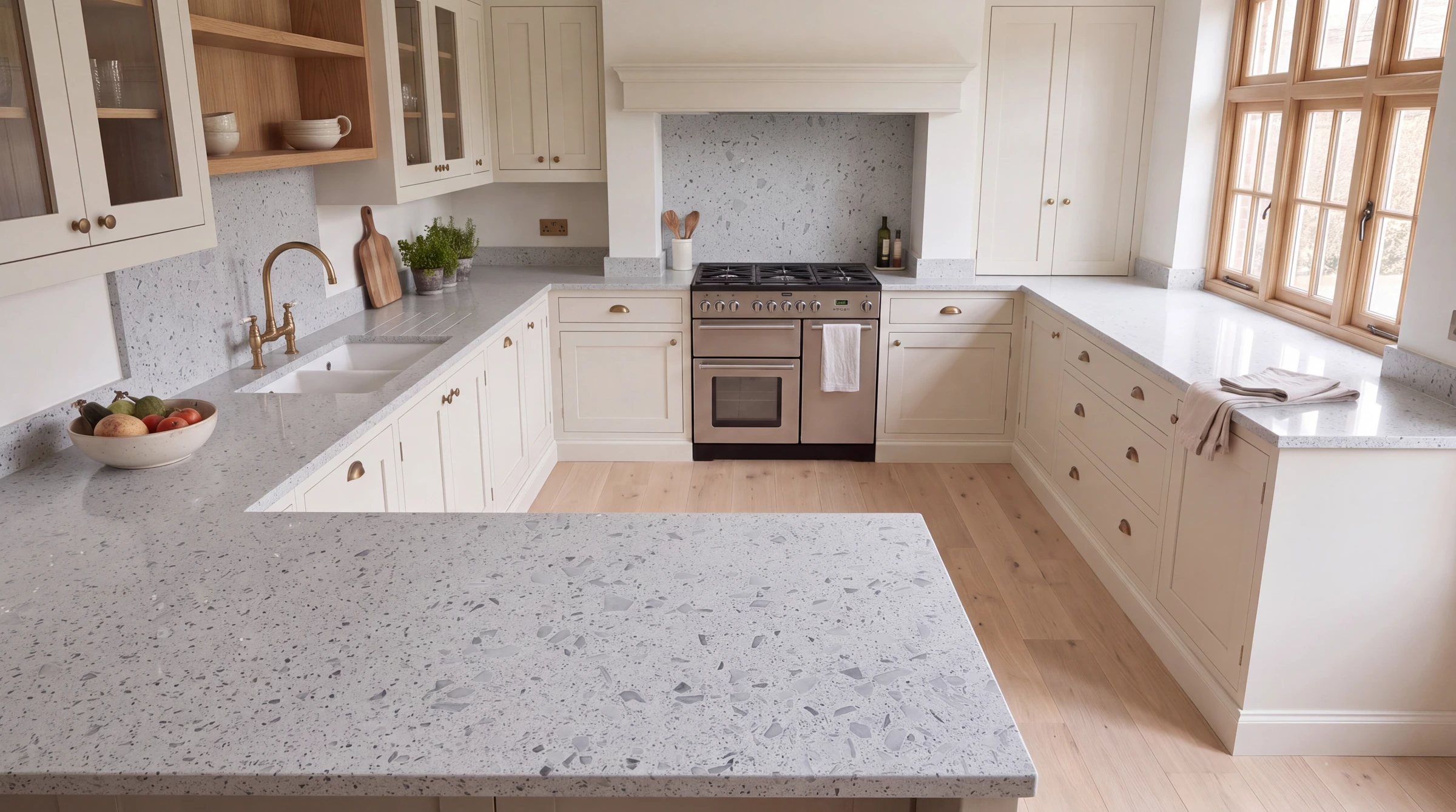 Mirror Light Grey u-shaped kitchen, AI-generated design concept