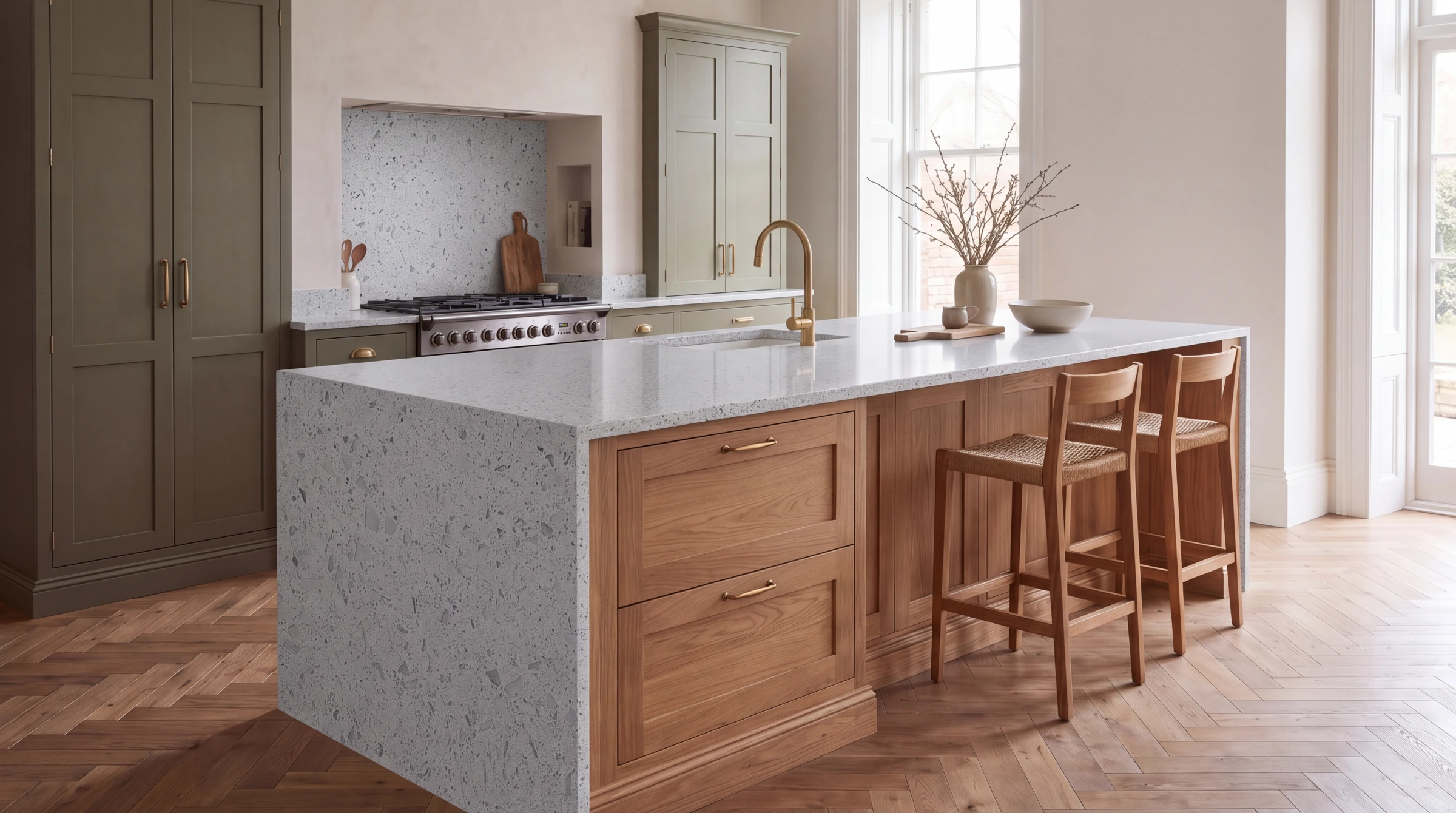 Mirror Light Grey kitchen island, AI-generated design concept