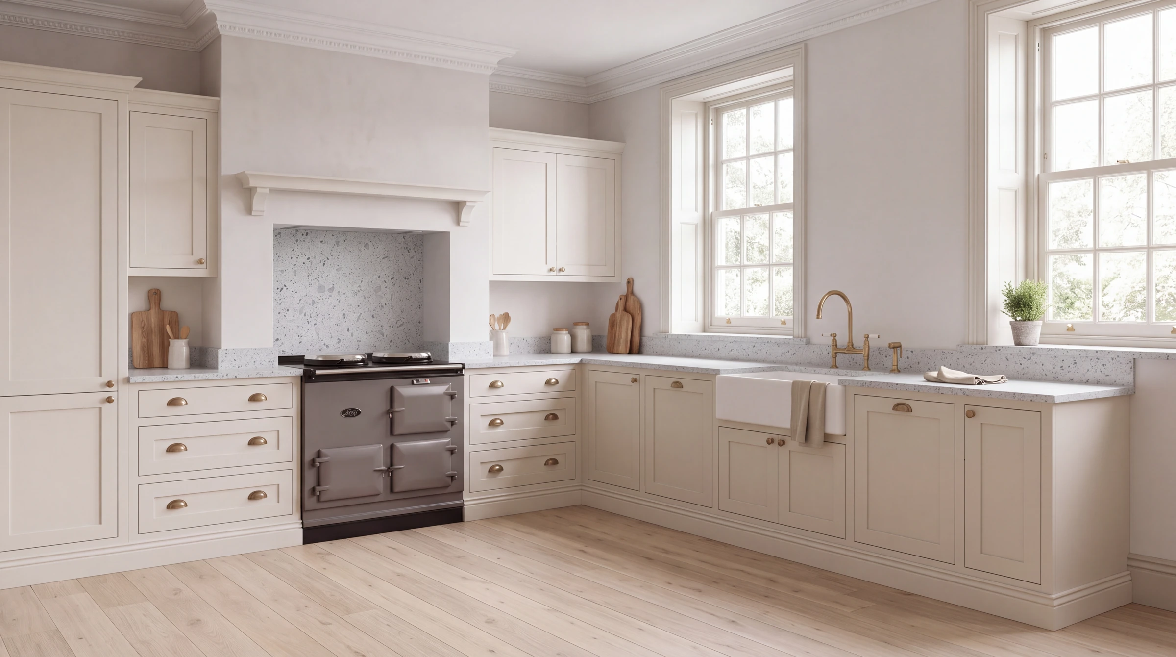 Mirror Light Grey l-shaped kitchen, AI-generated design concept