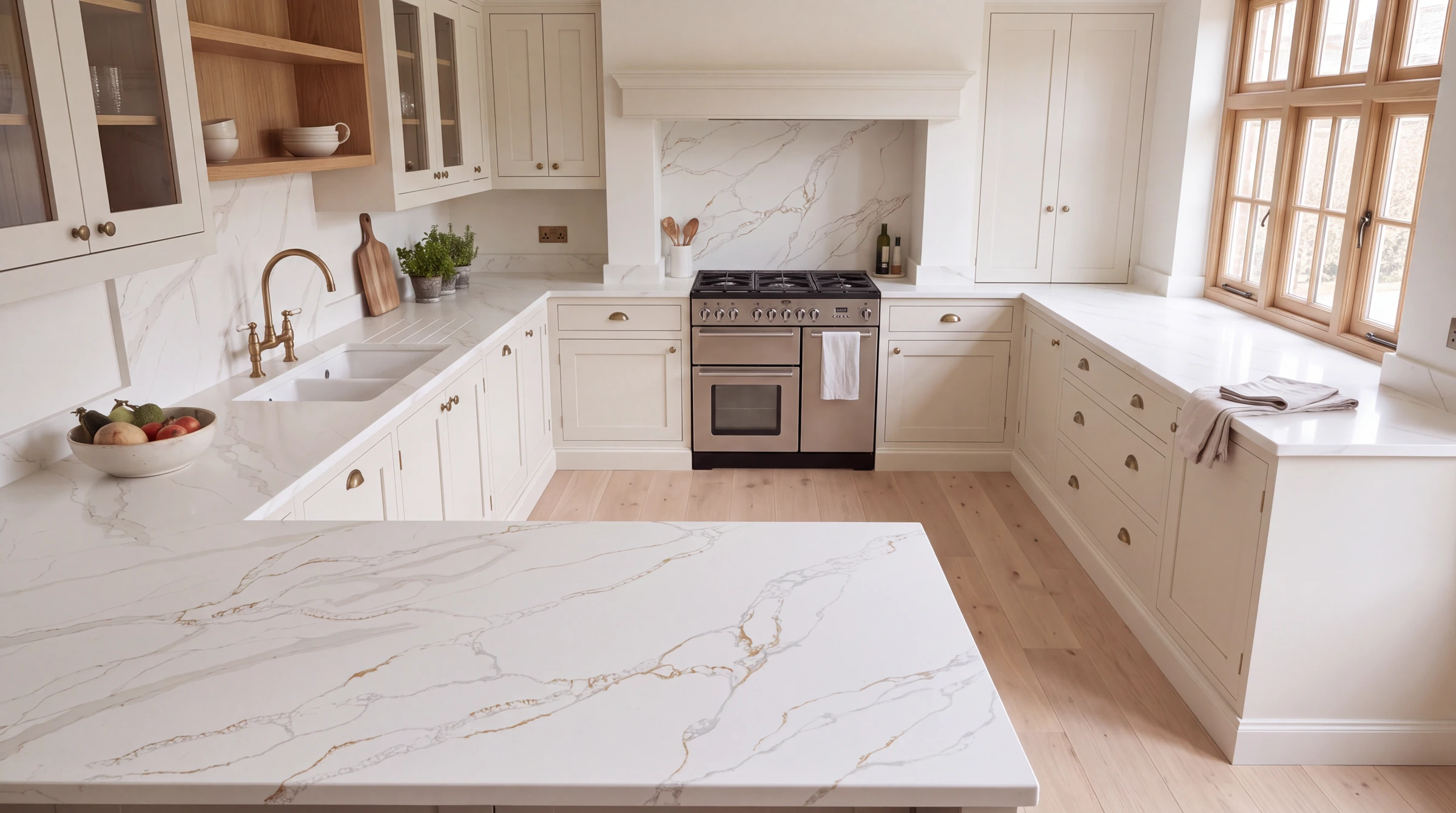 Modena Gold u-shaped kitchen, AI-generated design concept