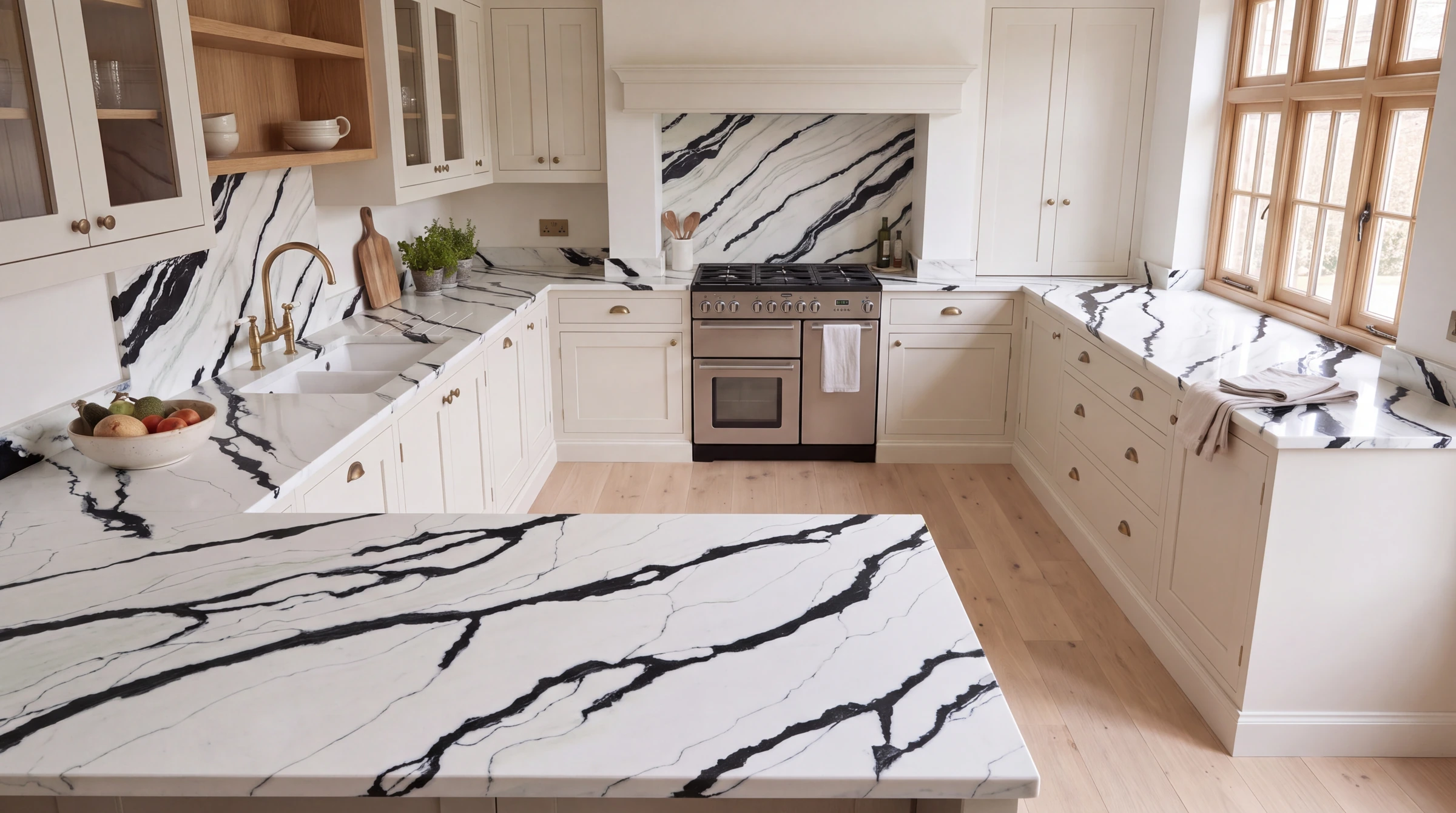 Panda White 3D u-shaped kitchen, AI-generated design concept