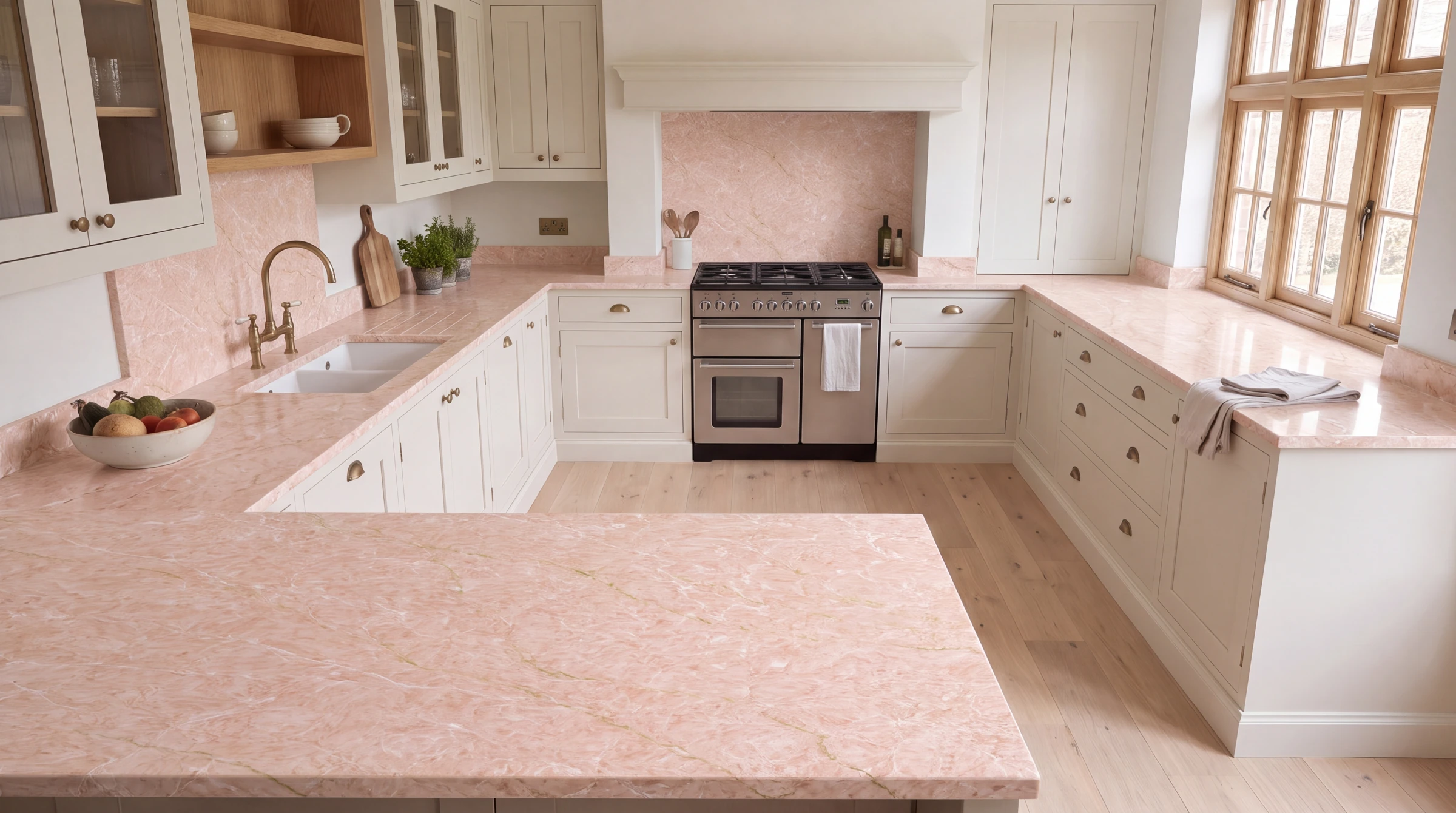 Pink Jade u-shaped kitchen, AI-generated design concept