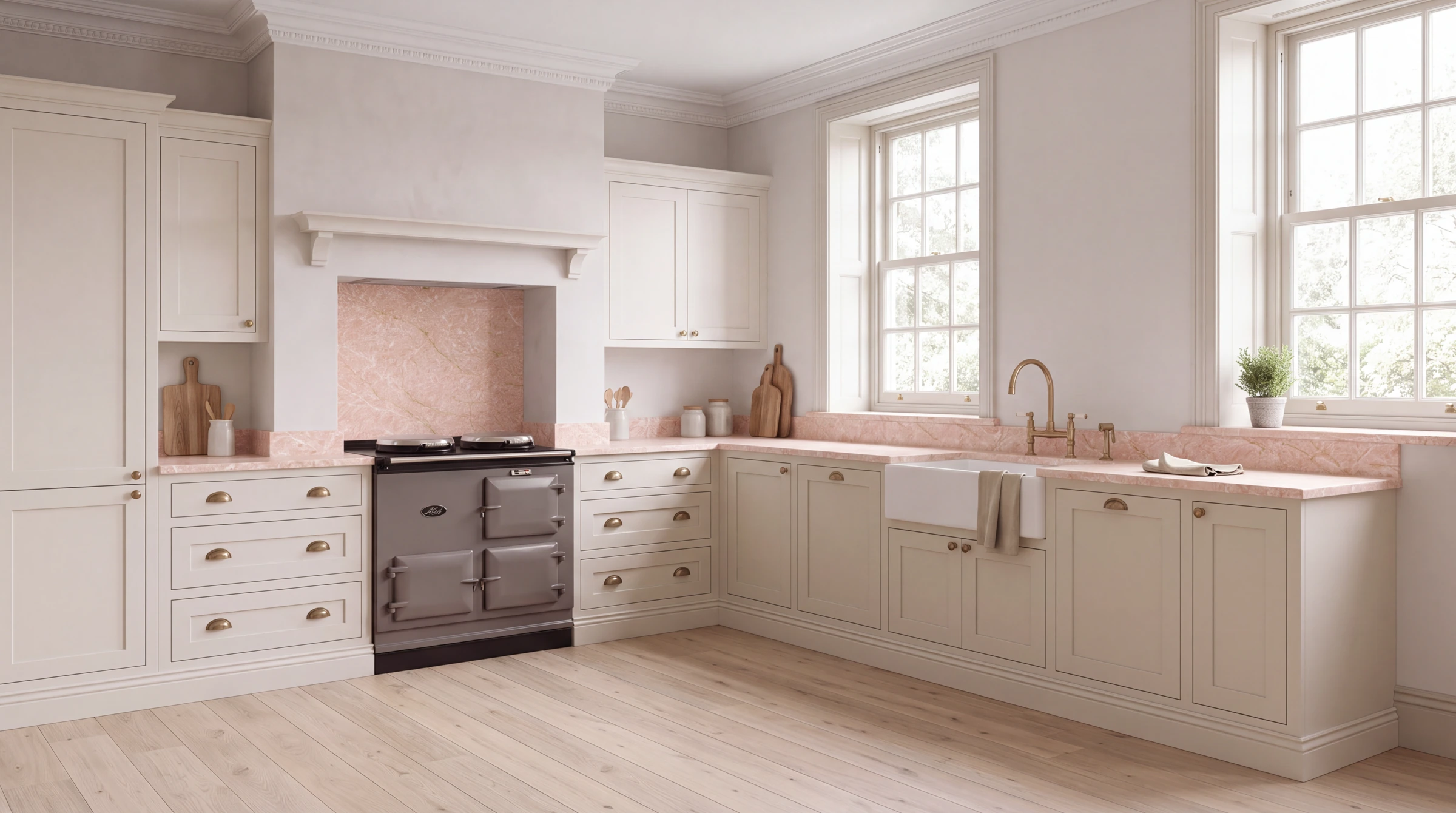 Pink Jade l-shaped kitchen, AI-generated design concept