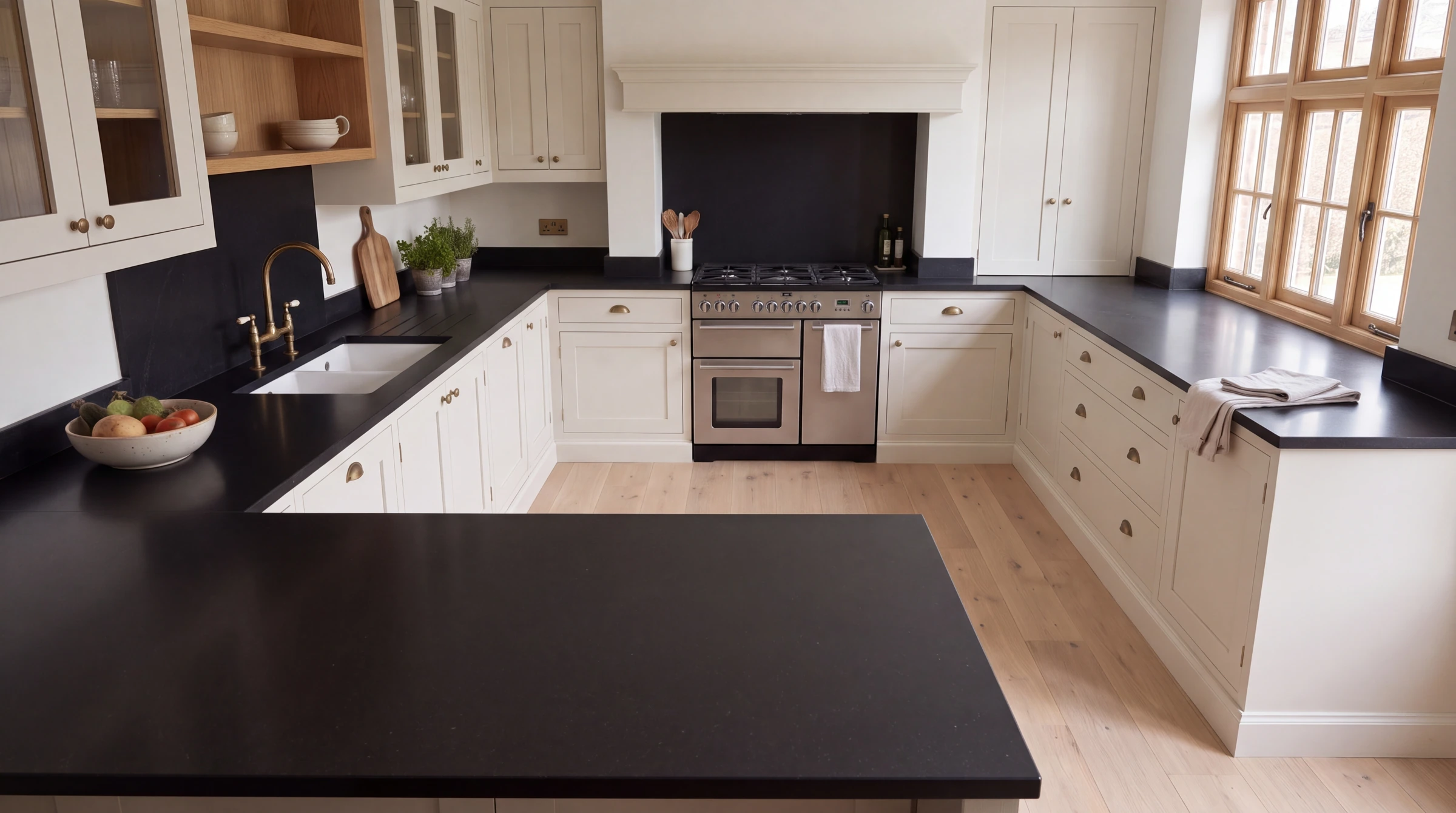 Pure Black u-shaped kitchen, AI-generated design concept
