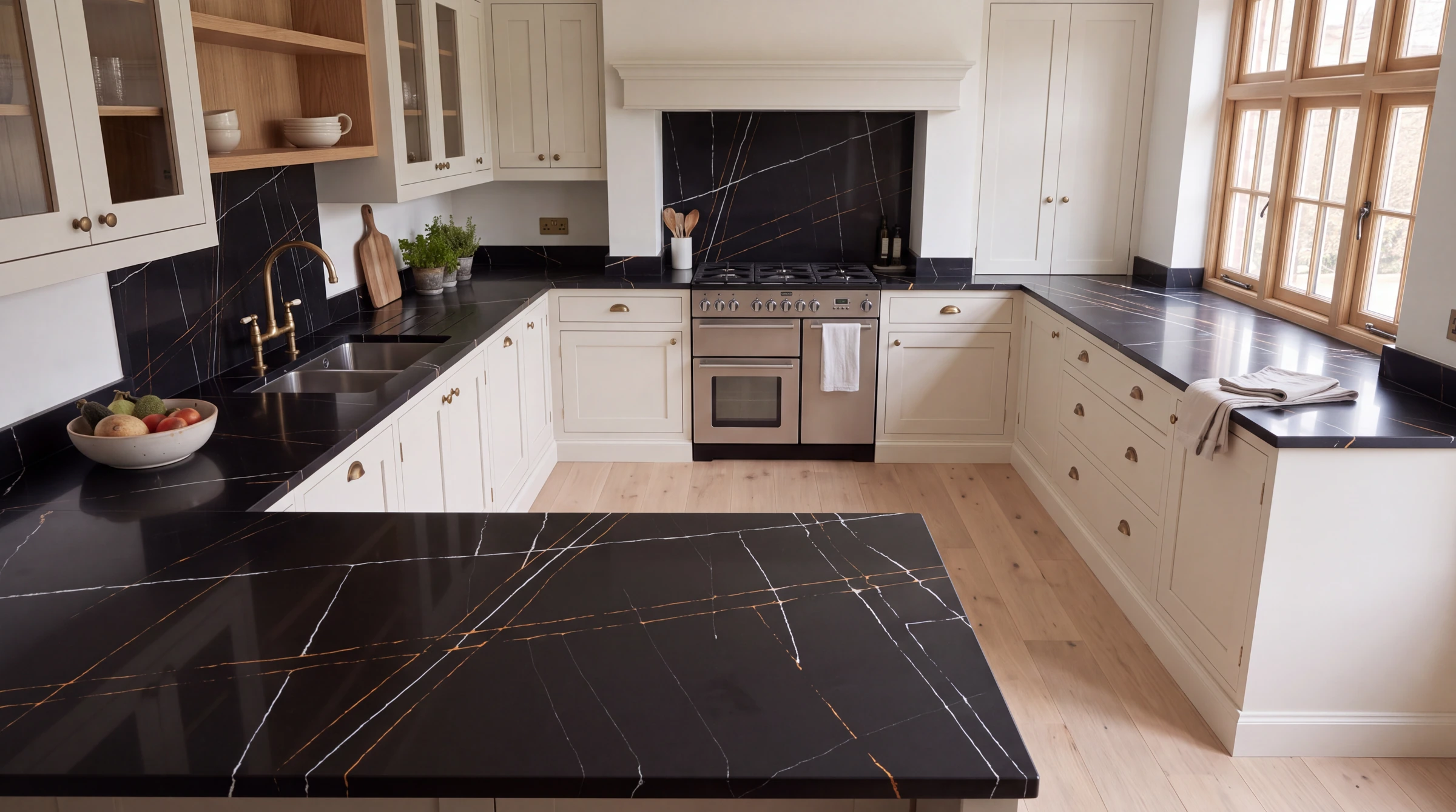 Sahara Noir u-shaped kitchen, AI-generated design concept
