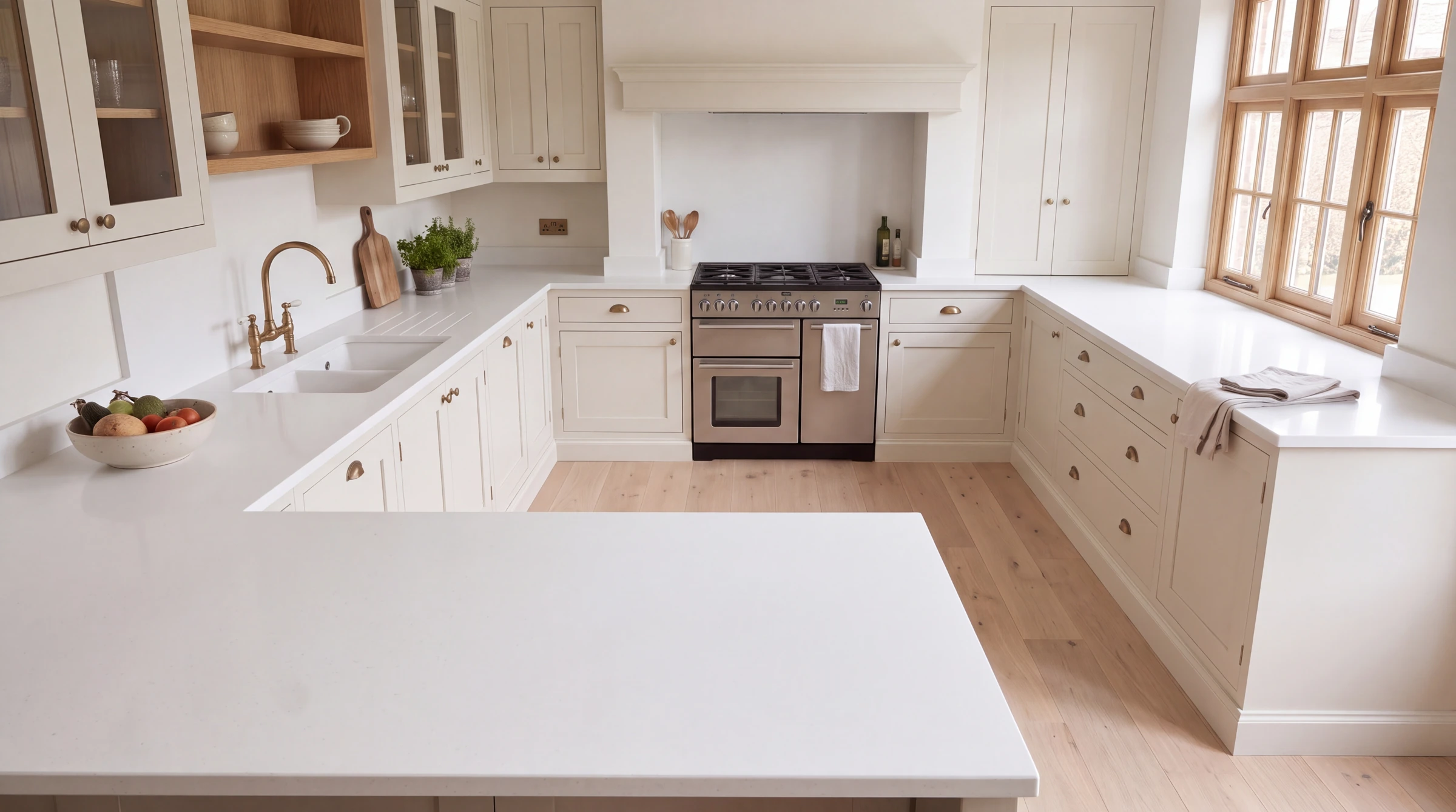 Super White u-shaped kitchen, AI-generated design concept